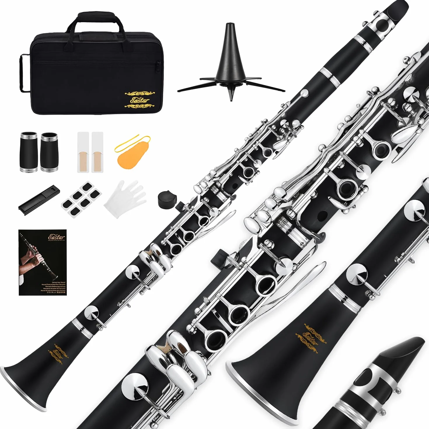 Clarinete plano Eastar B para principiantes, clarinete de ebonita niquelado con 2 barriles, 3 lengüetas, guantes blancos, estuche rígido, Kt de limpieza, ECL-300