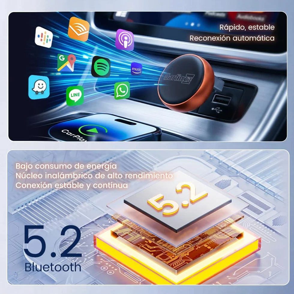 Carlinkit Mini Ultra 3 Wireless CarPlay Adaptador, Adaptador de coche Android inalámbrico, convierte OEM con cable a inalámbrico, USB A/C Plug & Play, conexión automática, actualización OTA, naranja
