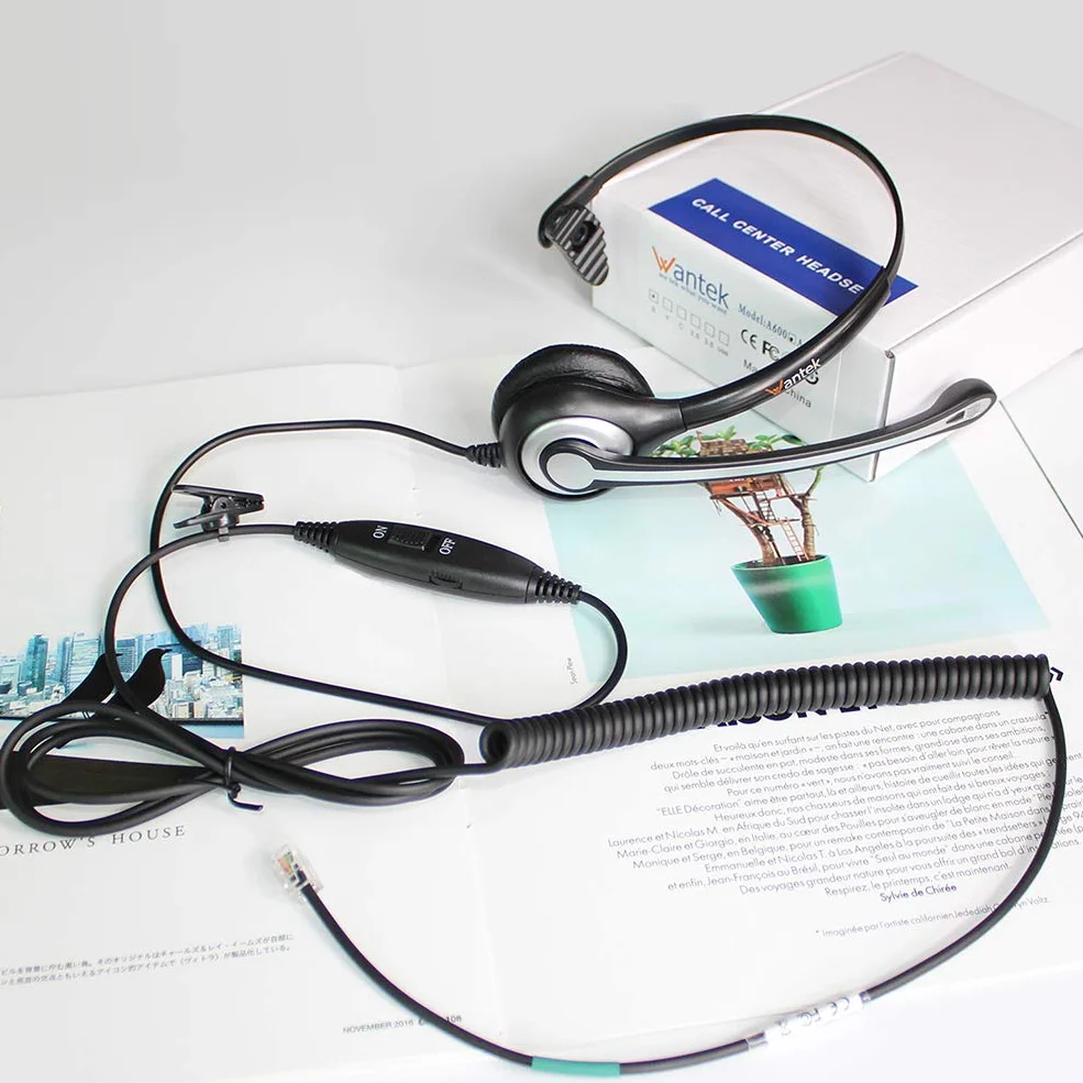 Wantek Auriculares Teléfono Fijo RJ9 Mono, Micrófono Cancelación Ruido, Cascos Control Volumen para ShoreTel Plantronics Polycom Zultys NEC Nortel Norstar Meridian F600S2