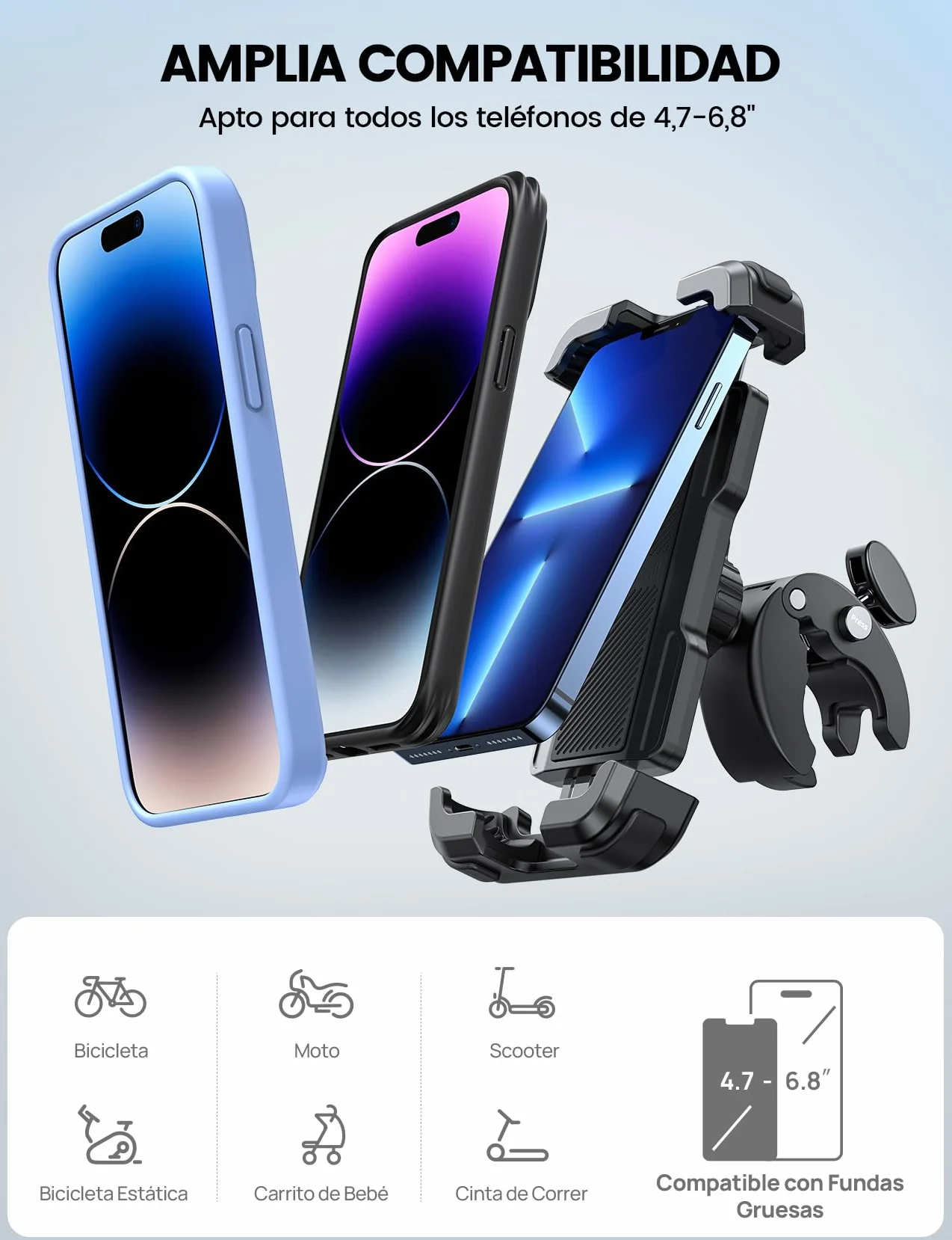 Lamicall Soporte Móvil Bicicleta Moto 360° Rotación Liberación con un Botón para iPhone 17 16 15 14 13 Pro MAX Plus Mini Samsung Huawei 4.7-6.8 Cala