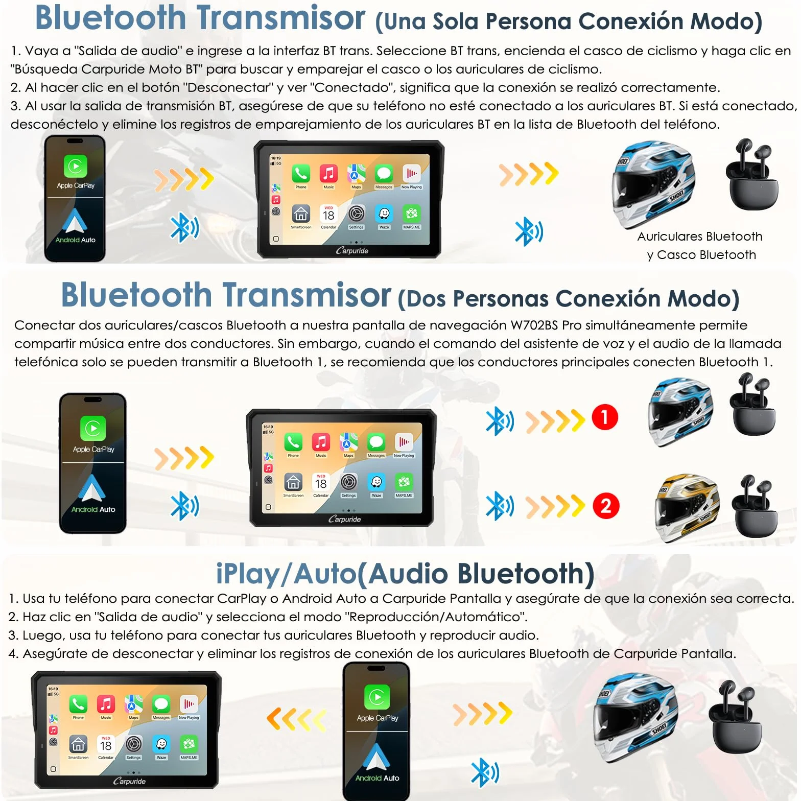 Carpuride W702T Pro Motocicleta Carplay Pantalla con TPMS Sistema, Inalámbrico CarPlay y Android Auto, 7" Impermeable Táctilpantalla, Dual Bluetooth, Intercomunicador Función, Nav, Brújula, Barómetro.