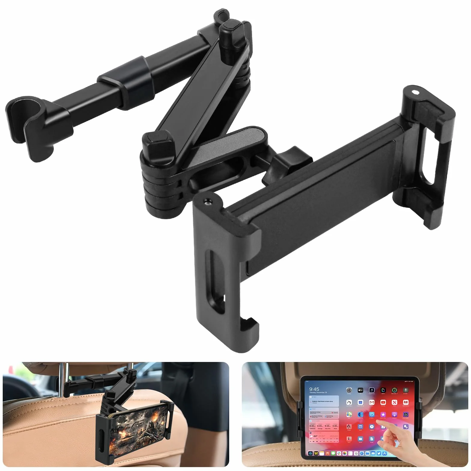 URAQT Soporte Tablet Coche, Tablet para Coche Reposacabezas con Apoyo 360 Rotación y Soporte Extensible, Soporte Compatible iPad Coche para Todos Los 4,7~11 Pulgadas del Teléfono,Tableta