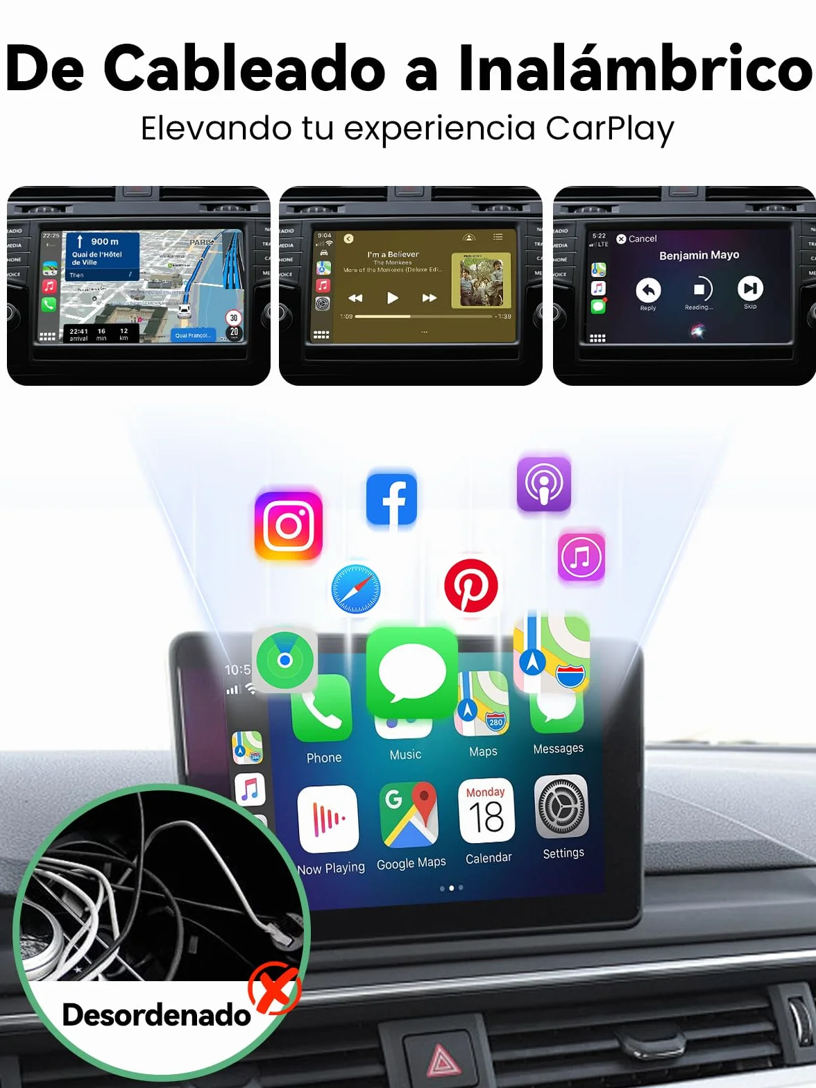 S3 Adaptador Carplay Inalámbrico para iPhone, Convierte Cableado a Inalámbrico, USB A/C Plug and Play, Compatible iOS 10+ y Coches con Car Play Desde 2016
