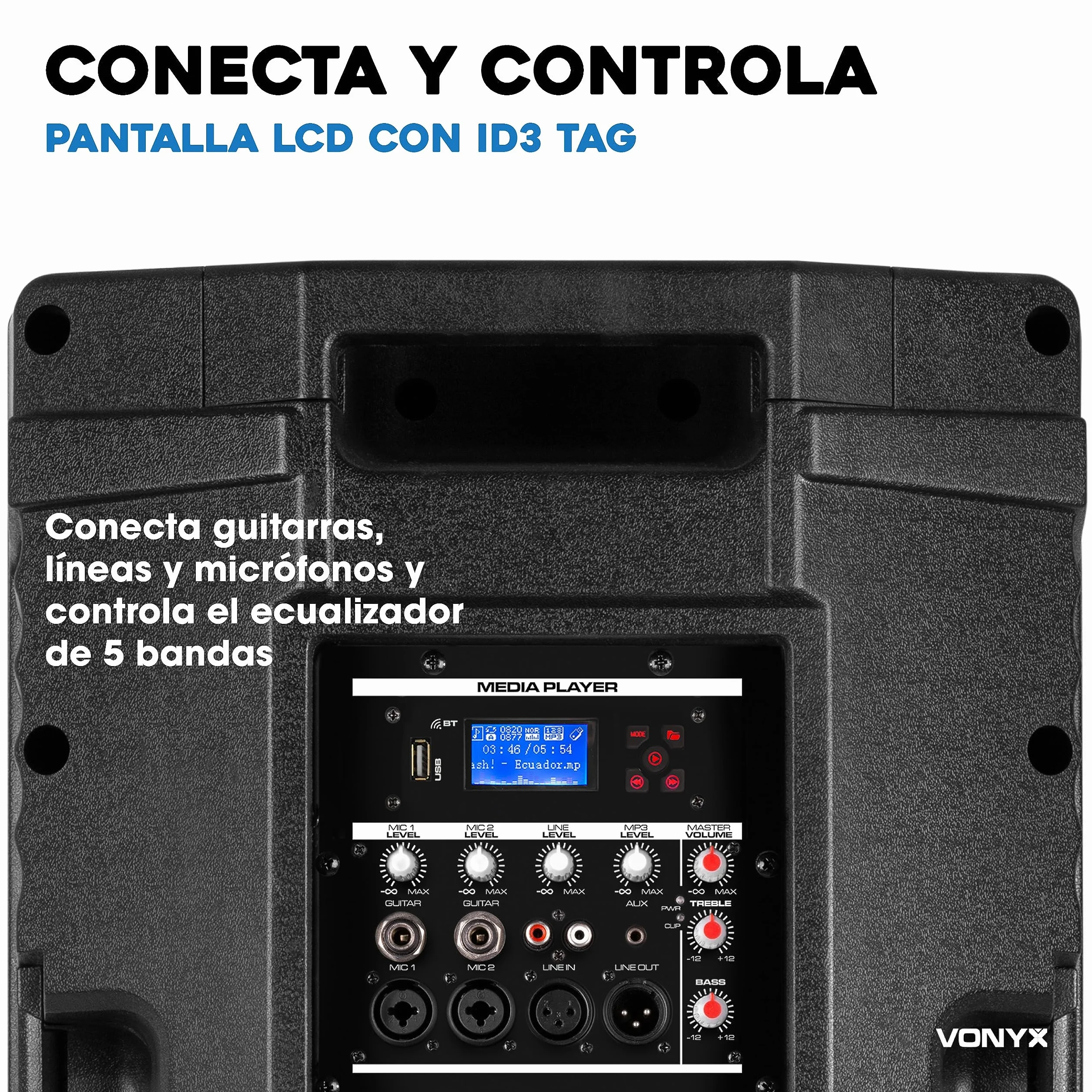 Vonyx VSA15BT Altavoz Activo portátil 1000w autoamplificados. Altavoz 15 Pulgadas Profesional con Bluetooth, Ecualizador, Entrada de Guitarra y Reproductor MP3