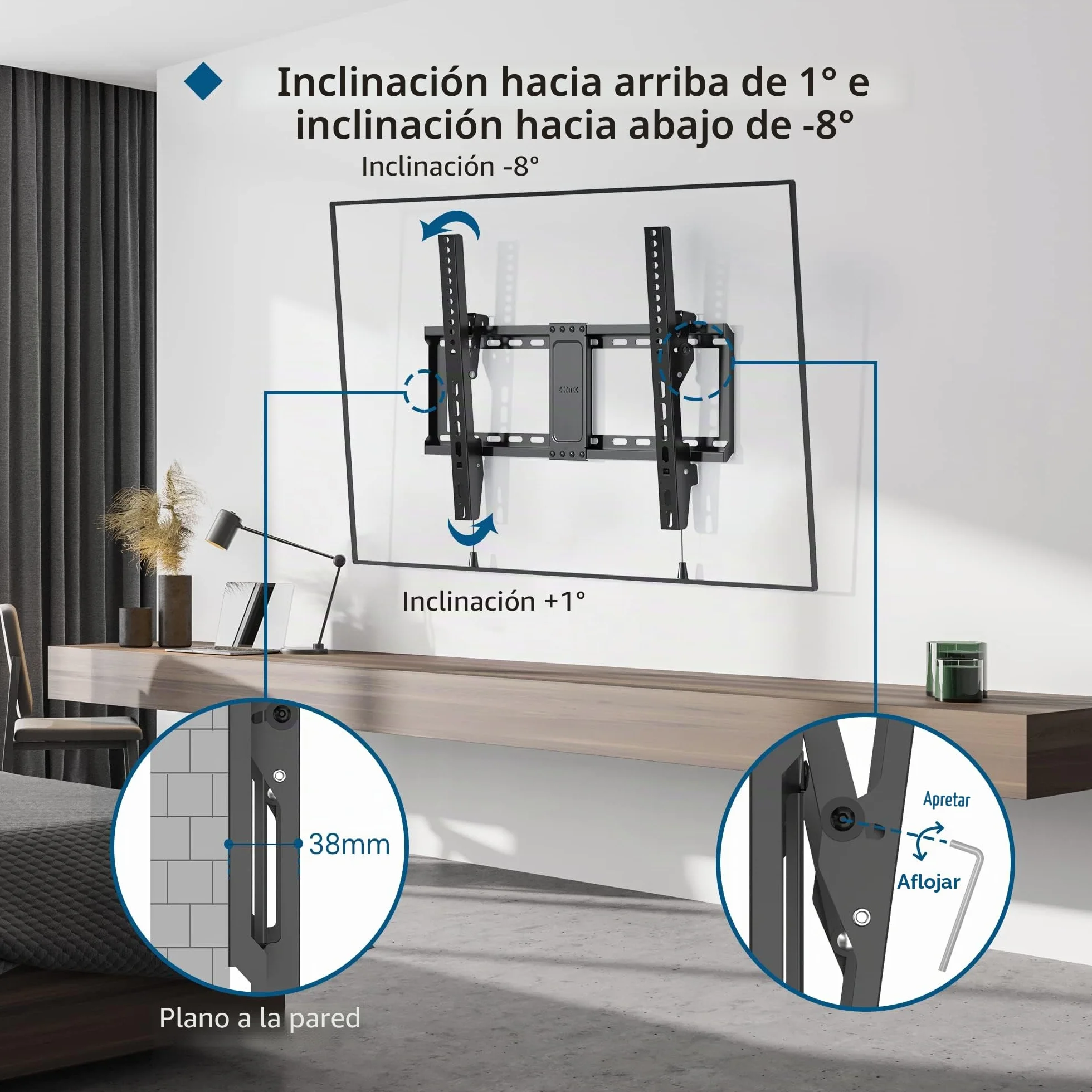 BONTEC Soporte TV Pared Inclinable 37-82 Pulgadas Plana Curva LED LCD, Capacidad 60 kg, VESA 600x400 mm, Nivel Burbuja Brida Cables