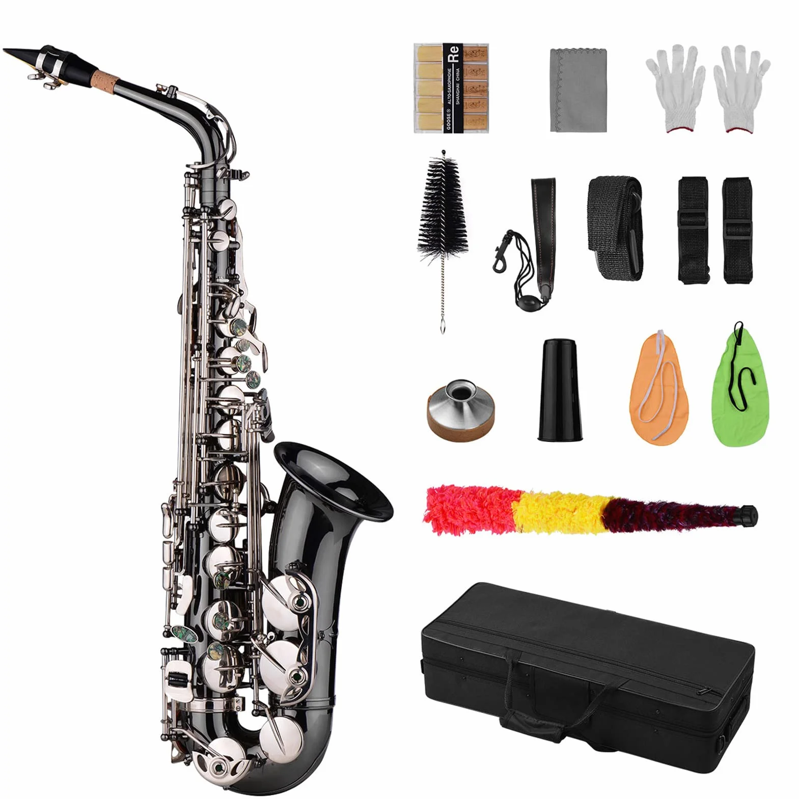 Saxofón alto profesional de latón Bend Eb E-flat Saxofón alto chapado en níquel negro llaves de concha de abulón con funda de transporte guantes paño de limpieza correas cepillo de grasa QUKAN