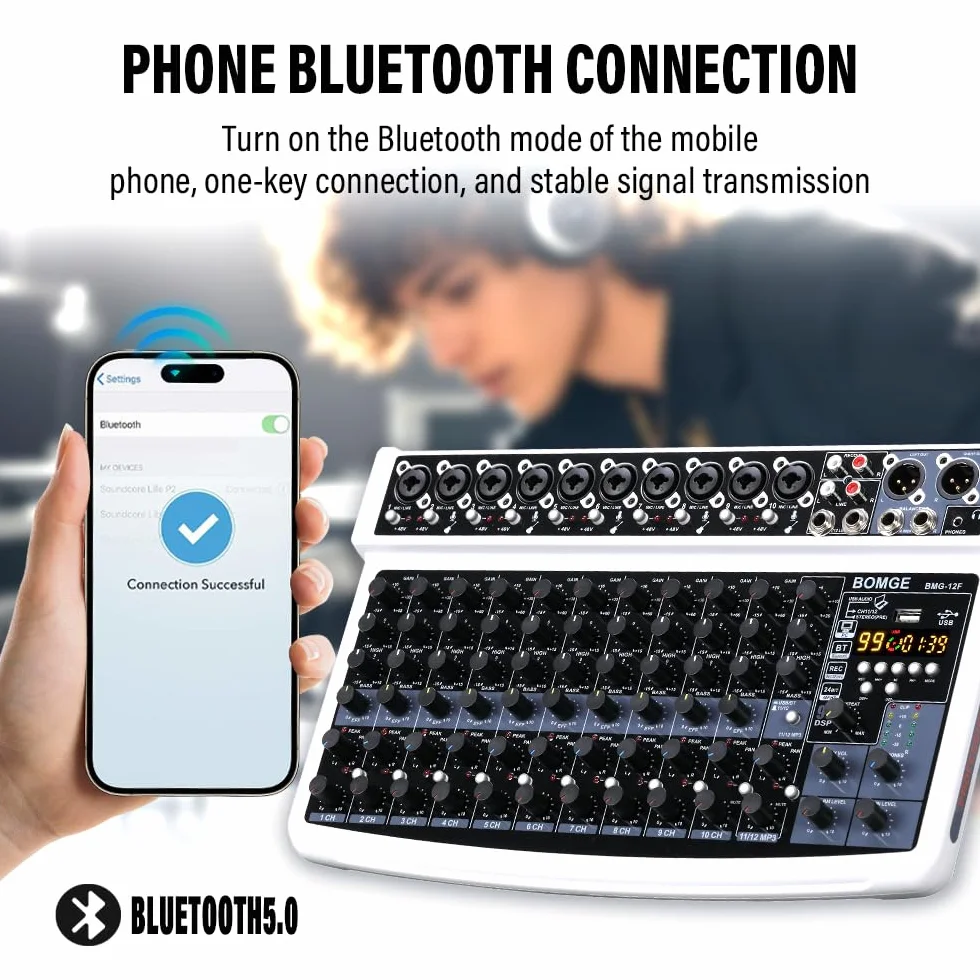 BOMGE Mezclador de audio profesional, 12 canales, Bluetooth, USB, alimentación de 48 V, entradas XLR/RCA, efectos DSP