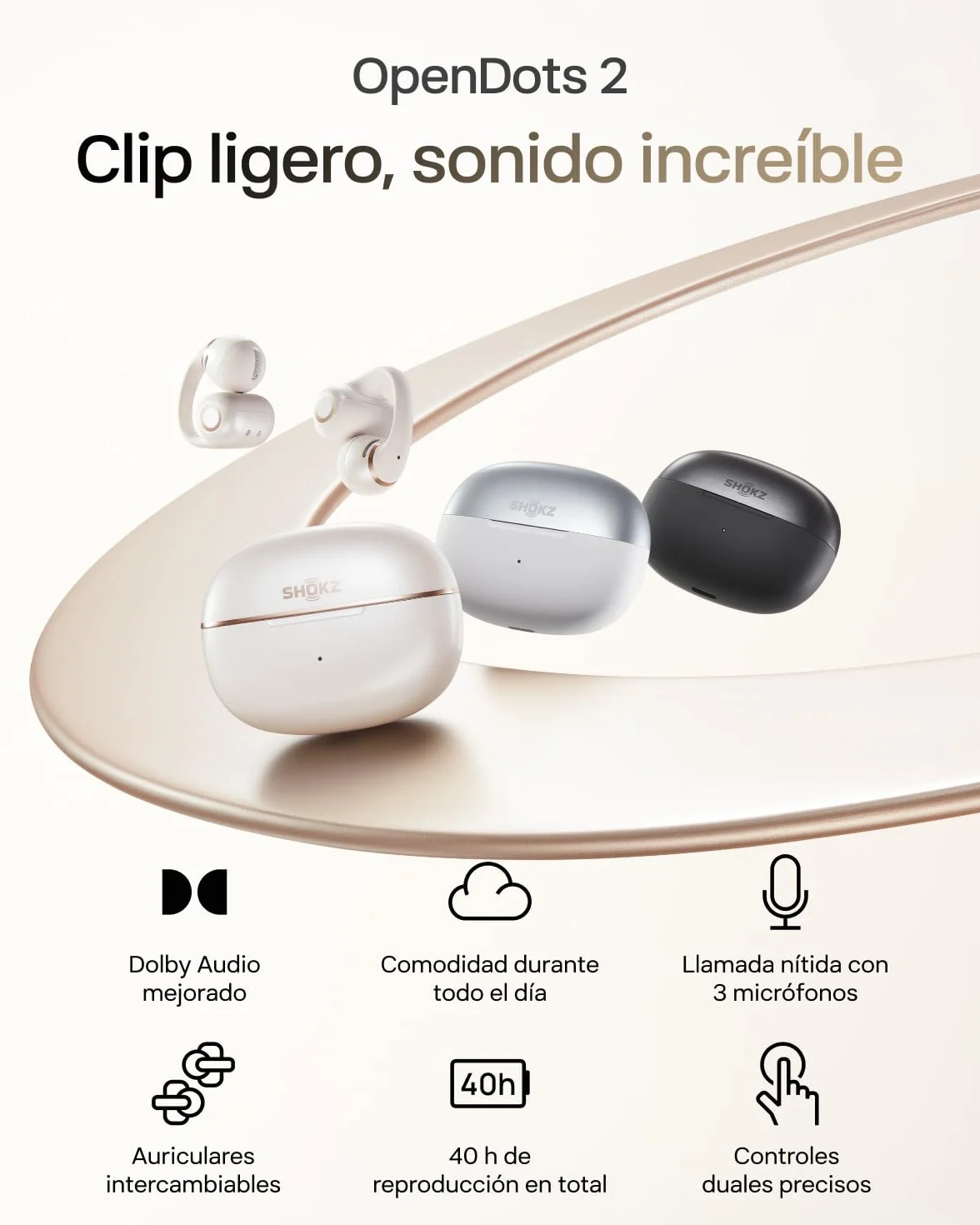 SHOKZ Auriculares Open-Ear Clip-on OpenDots 2, Dolby Audio con Graves Profundos, 40 h de batería, Bluetooth 6.1, Resistencia al Agua IP57, reducción de Ruido con IA, Carga rápida inalámbrica, Blancos