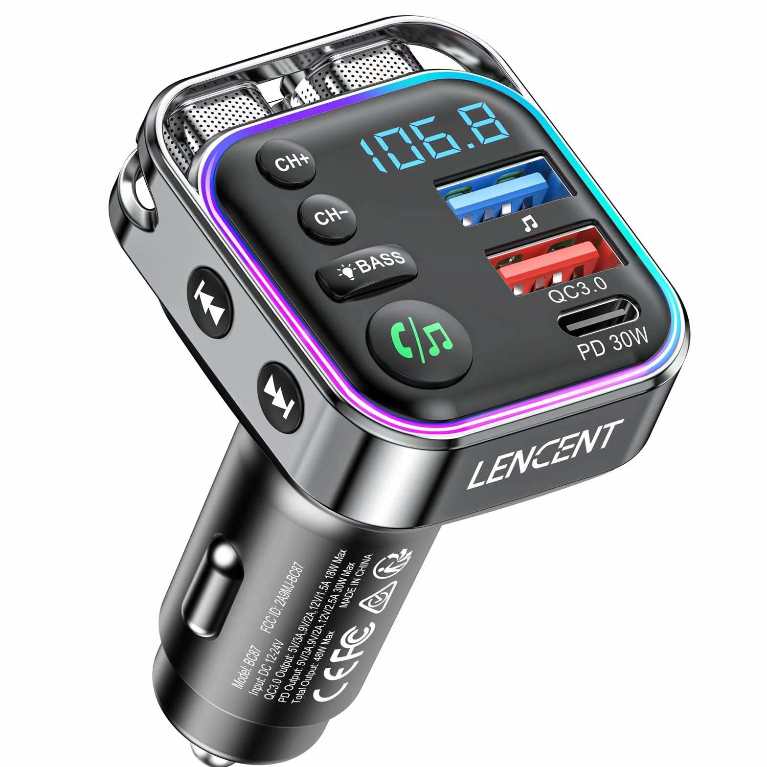 LENCENT Transmisor FM Bluetooth 5.3 Adaptador Coche Carga Rápida PD 30W QC3.0 Música Alta Fidelidad Manos Libres