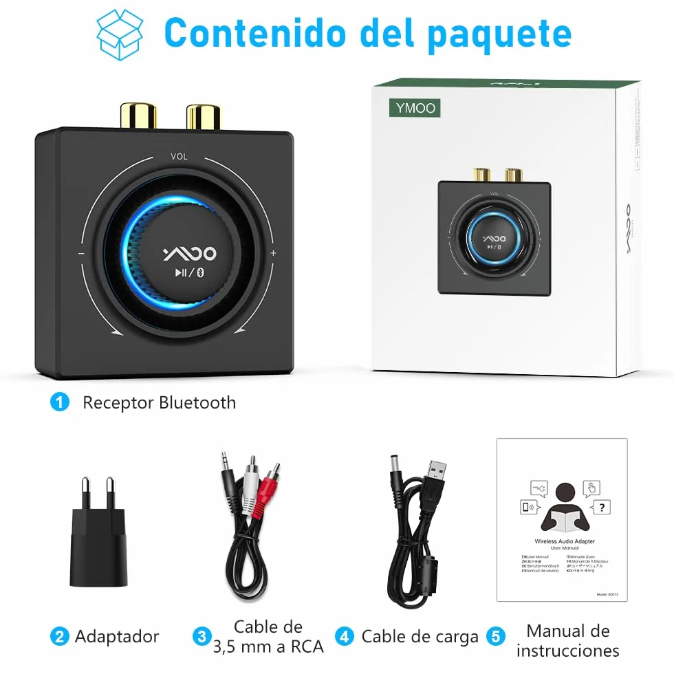 YMOO Receptor Bluetooth 5.3 HiFi Audio con RCA y 3,5mm Jack, Adaptador Bluetooth para Equipo de Música/Amplificador/Altavoz, 30M AUX Receiver Adapter Inalámbrico, Conexión Dual para Dos Altavoces