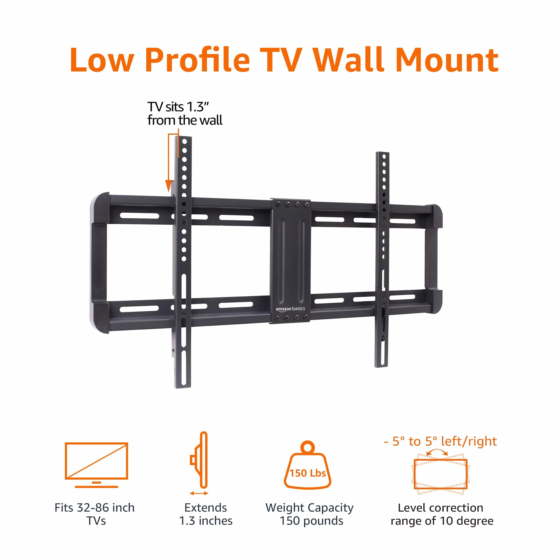 Amazon Basics Soporte de montaje en pared para TV de perfil bajo, 81,2 a 218,4 cm, Negro, 32" a 86"