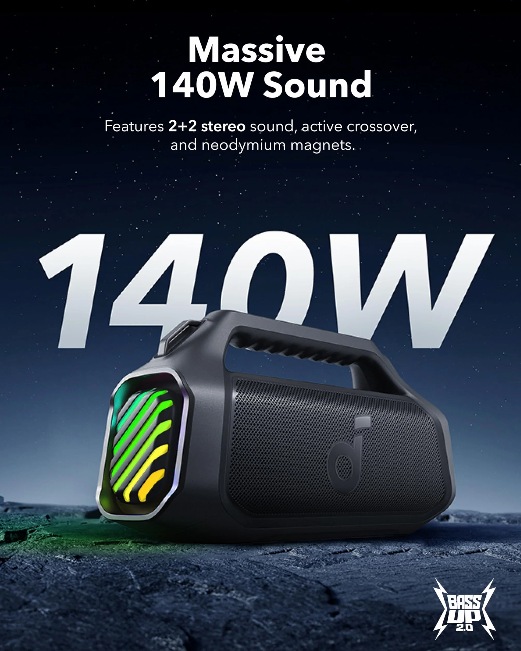 Soundcore Boom 2 Plus Altavoz Bluetooth Potente 140 W 2+2 Canales Estéreo BassUp 2.0 IPX7 Flotante RGB