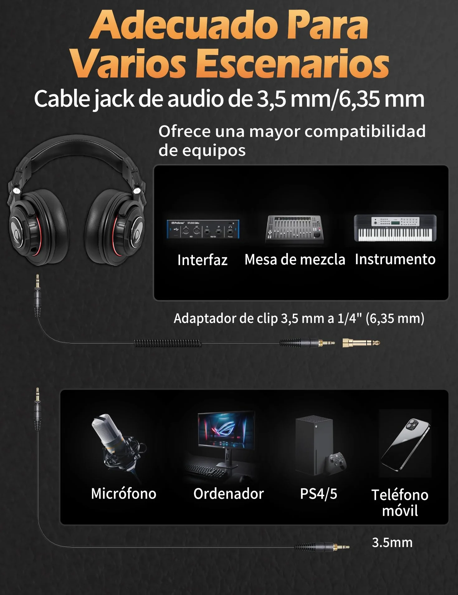 talomen TI660X Auriculares DJ con Cable,Auriculares de Estudio,auriculare con HD,50mm Controladores,Conector de 3.5 y 6 mm,Earphones de Ruido para pc Piano Guitarra AMP Grabación de Teléfono,Negro