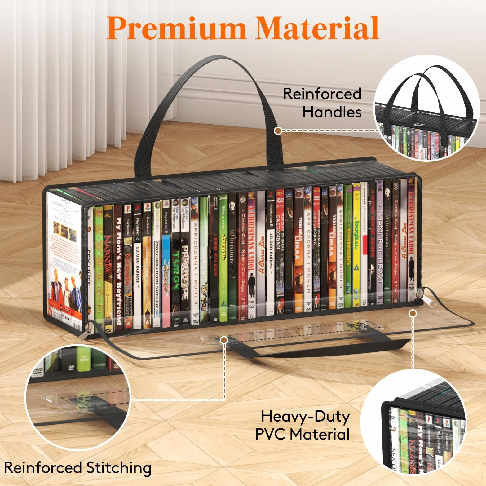 Lifewit Bolsas Almacenaje para DVD, Organizador Transparente de PVC para Blu-ray y Películas, Fundas para VHS y Medios con Asas y Cremallera, Capacidad 140 DVD (35 por Bolsa), 4 Piezas