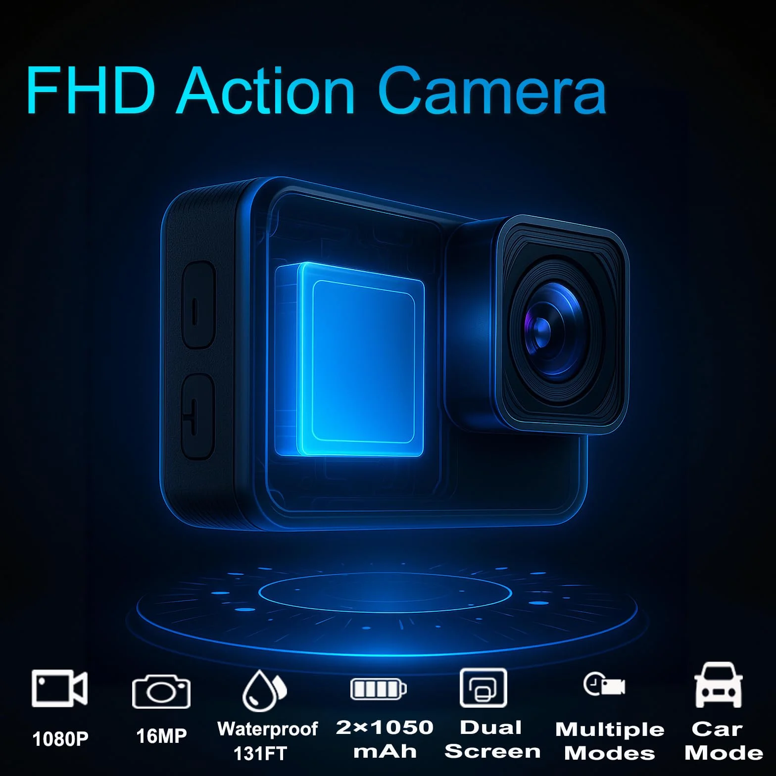 Camara Acuatica FHD 1080P, Cámara Subacuática Resistente al Agua hasta 40 m, Cámara Deportiva de Doble Pantalla con 2 baterías Recargables de 1050 mAh y Juego de Accesorios