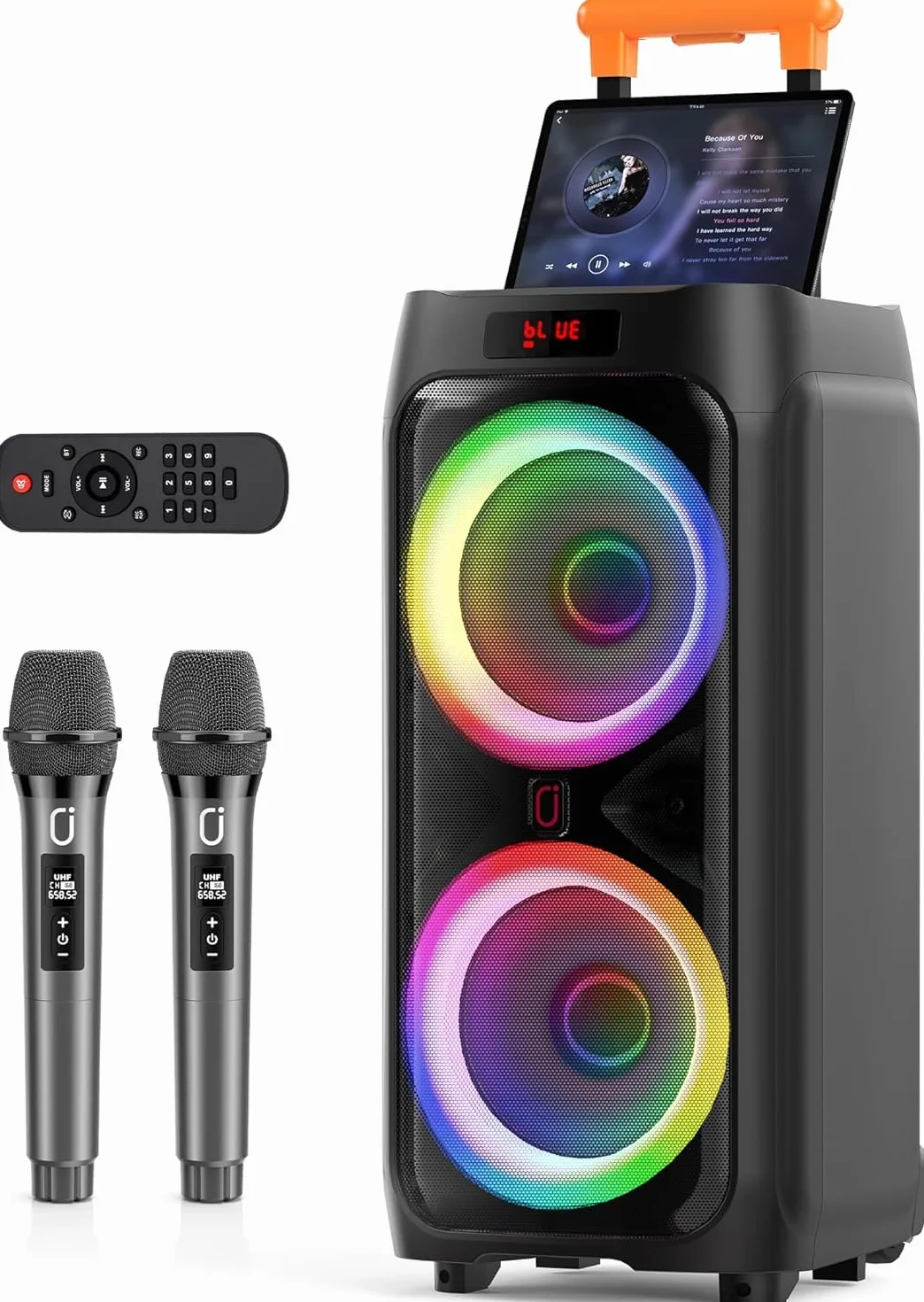 HWWR Karaoke con 2 Micrófonos Inalámbricos para Adultos,8" Altavoz Bluetooth Grande para Fiestas con 500W de Pico de Potencia, Ruedas Rodantes y Carro, Sistema PA con Luz LED Disco para Fiesta en casa
