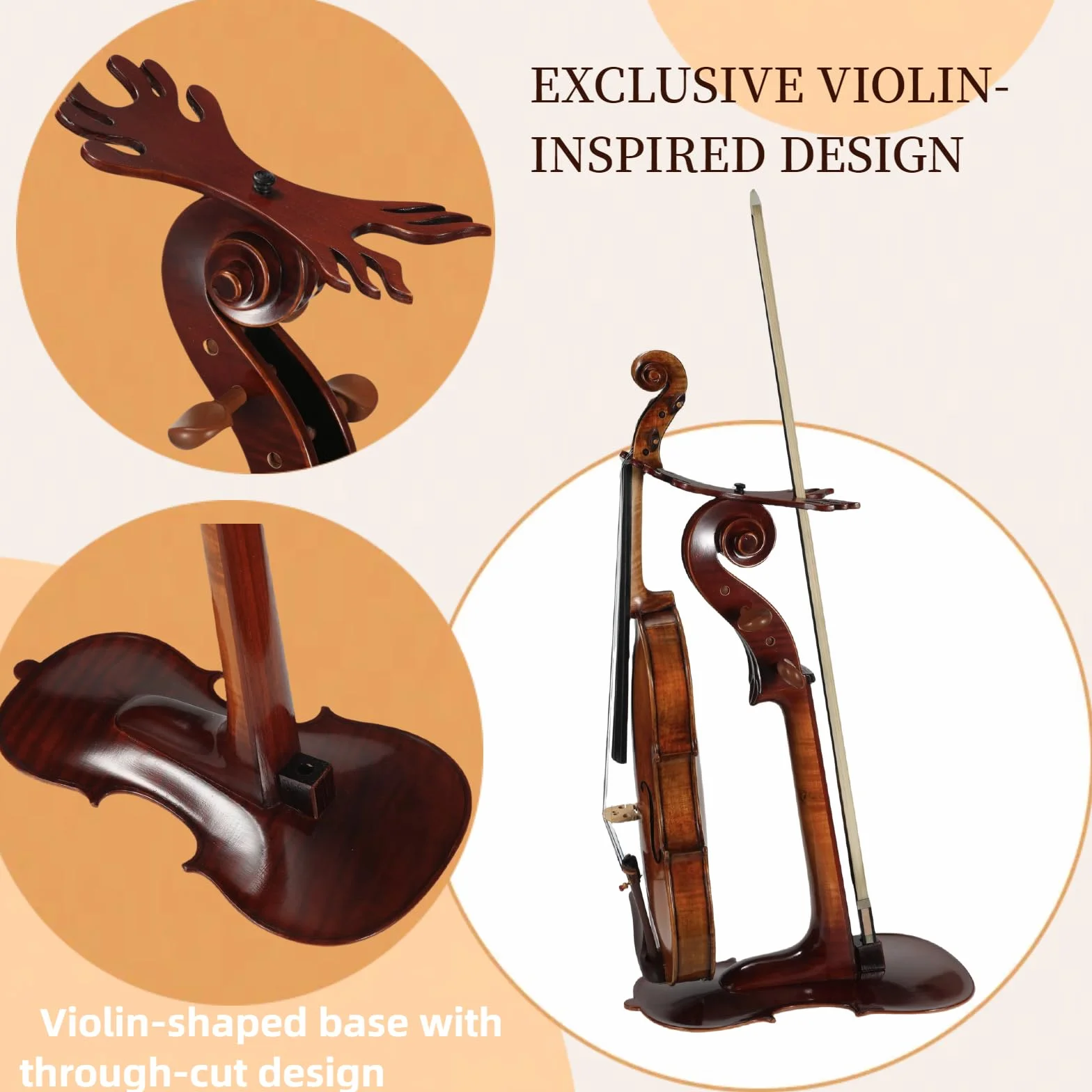 Soporte para violín de madera maciza y soporte para arco con diseño intrincado de corte pasado, forma de violín, hecho a mano, artístico, resistente y colgador de violín y arco, soporte de exhibición,