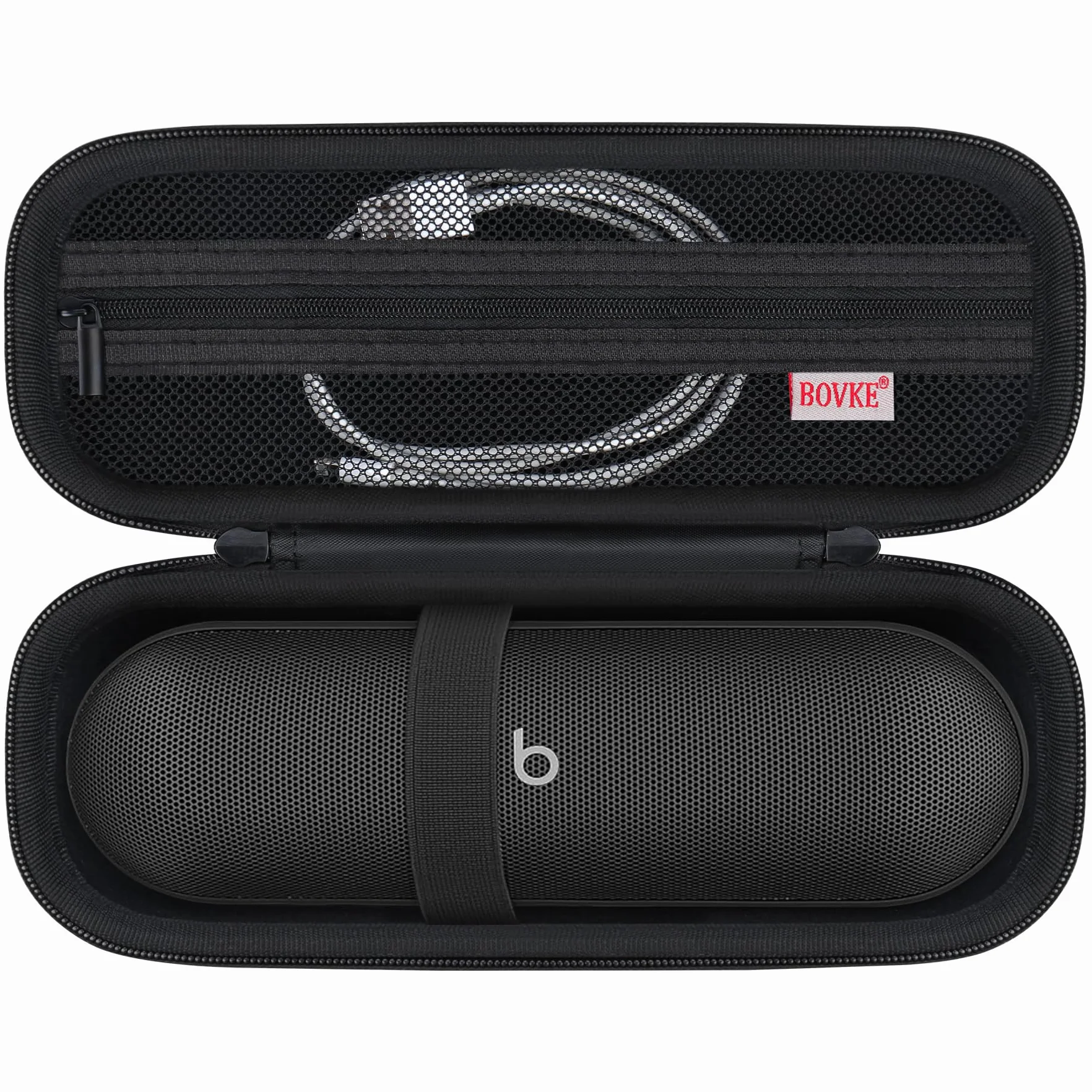 BOVKE Carrying Case for Beats Pill - Portable Bluetooth Speaker, New Beats Pill Wireless Speaker Travel Holder Bolso con Bolsillo de Malla Extra para Cables de Carga, Accesorios, Negro