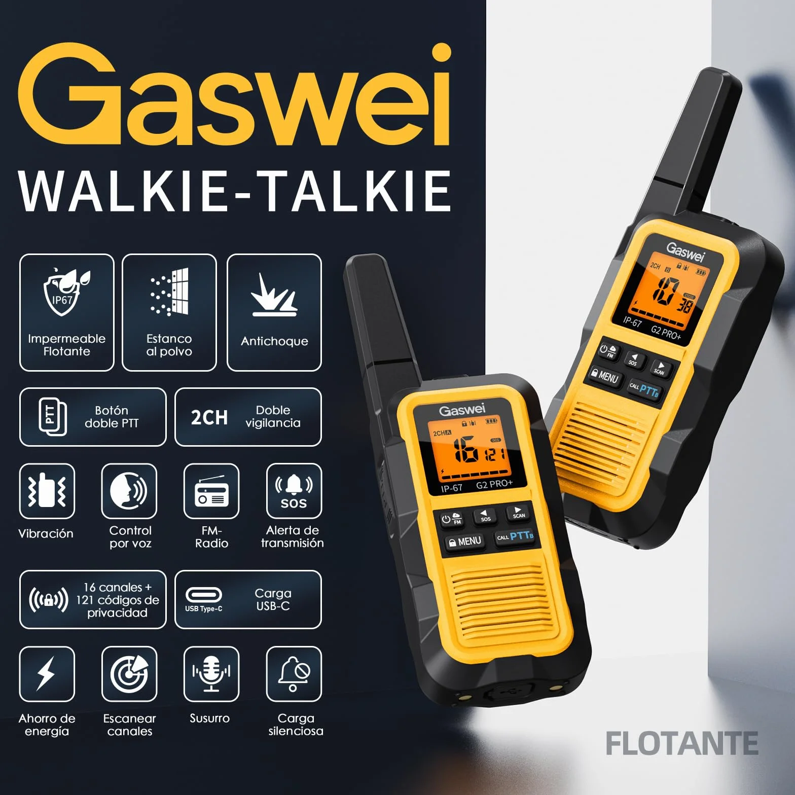 Gaswei G2Pro Walkie-Talkies Profesionales, 2 Unidades - IP67 Impermeable y Flotante, Largo Alcance, SOS, Radio FM, Color Amarillo
