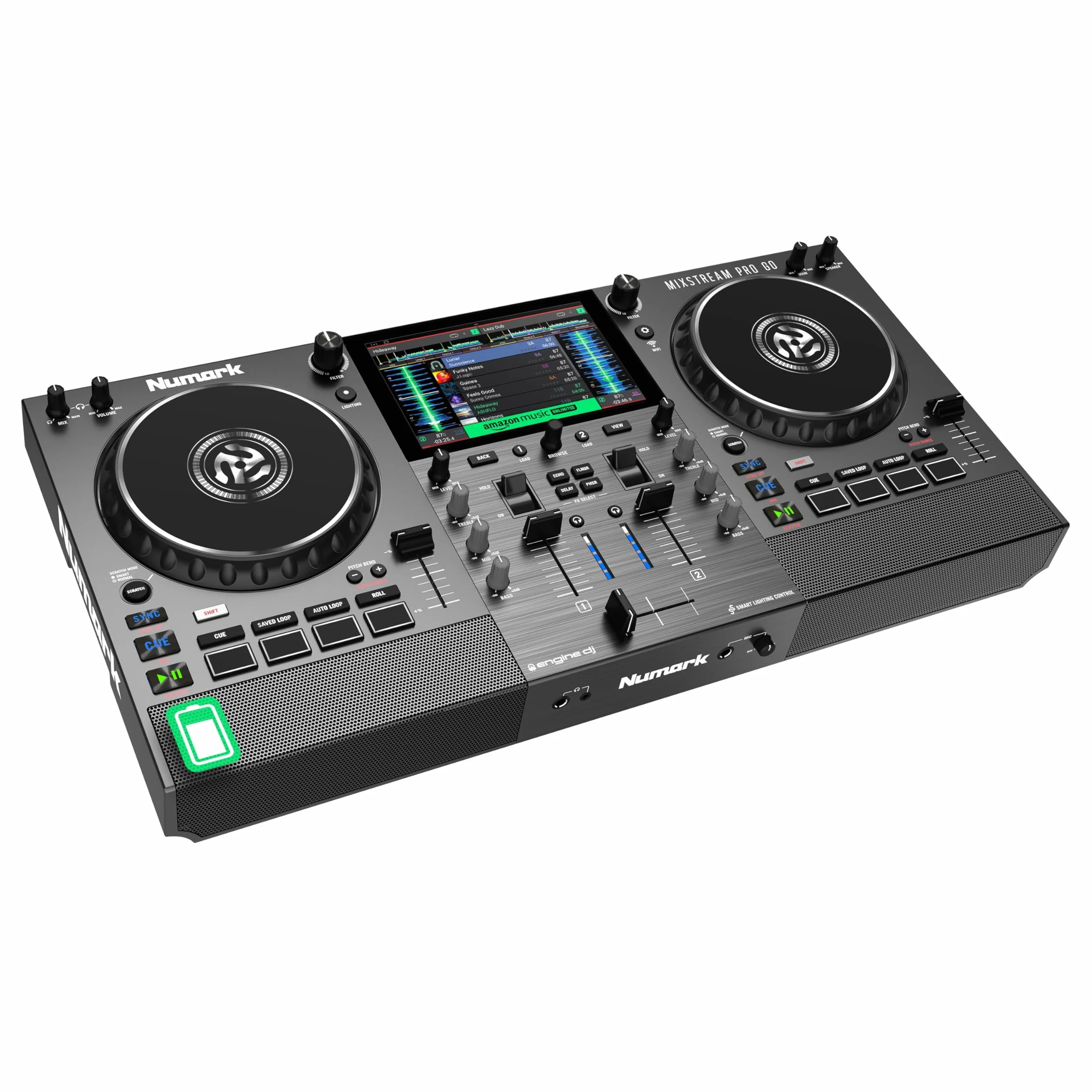 Numark Mixstream Pro Go Controlador DJ portátil, batería, mezclador con separación de stems, altavoces, streaming wifi, pantalla táctil y Serato DJ