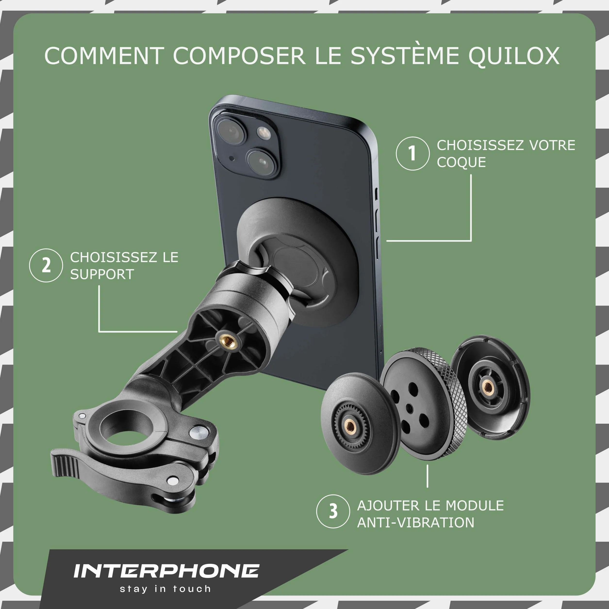 INTERPHONE Sistema Modular QUIKLOX 2 en 1 Soporte Móvil Moto Funda Rígida Universal Impermeable Smartphones 6.5"