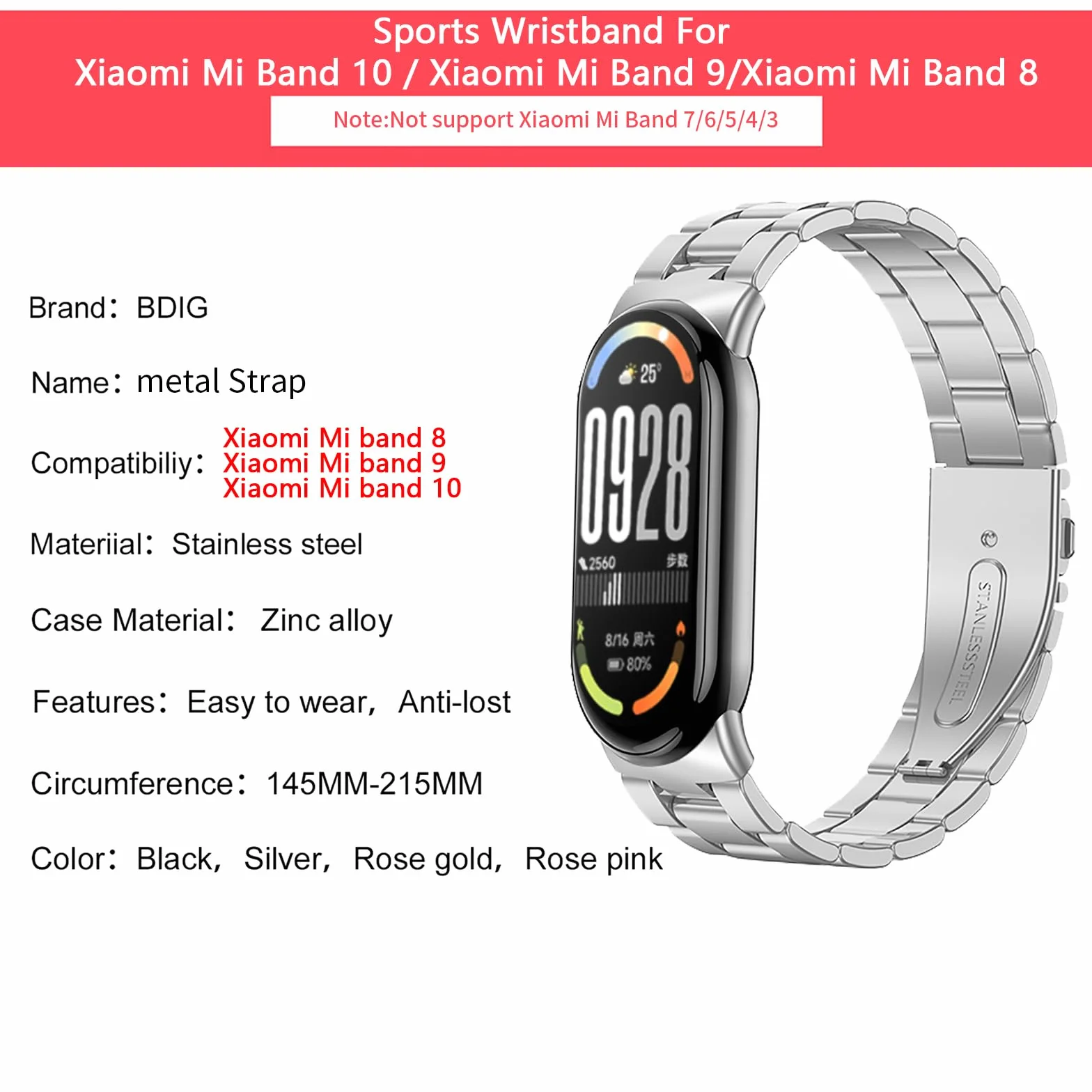 BDIG Correa Compatible para Xiaomi Mi Band 10/9/8, Pulsera de Repuesto de Acero Inoxidable Hebilla Ajustable Plata
