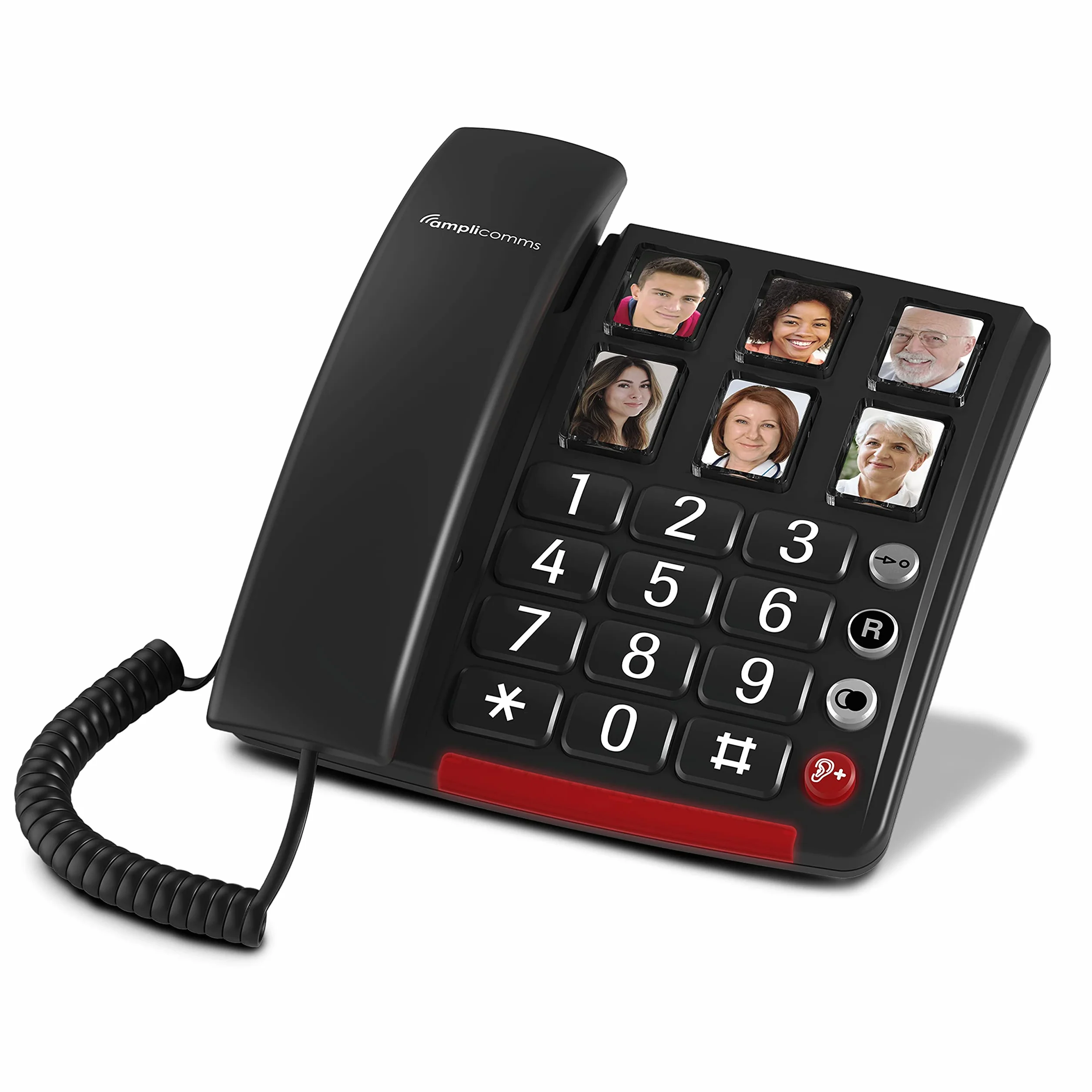 Amplicomms BigTel 40 Plus, Teléfono con Botón Grande con Cable, Seis Botones de Marcación Directa con Foto, Audio Boost 40dB, Tonos de Llamada Extra Fuertes, Compatible con Audífonos