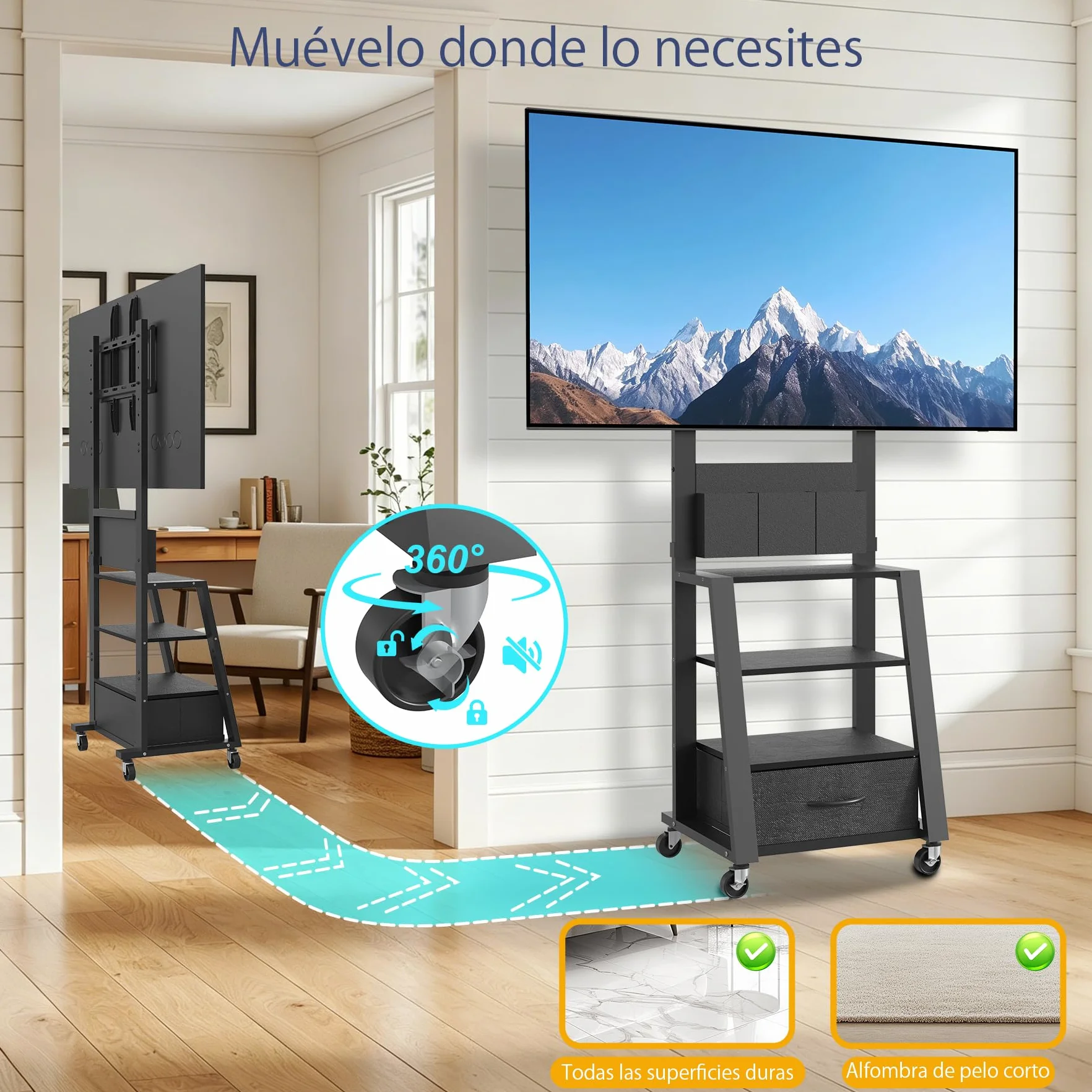Carrito para TV con soporte móvil, ajustable 23-60", 72kg, VESA 400x400mm, negro