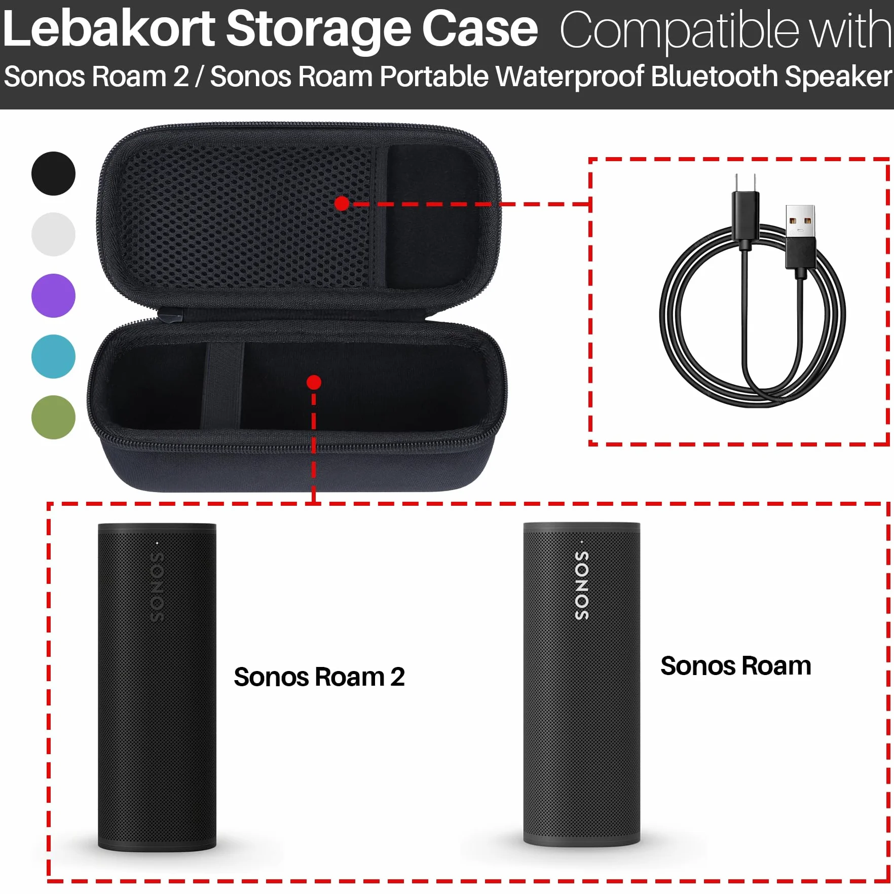 Lebakort Duro Viajar Caja Estuche Funda para Sonos Roam/Roam 2 Altavoz Inalámbrico Portátil y Ultracompact (Gris)