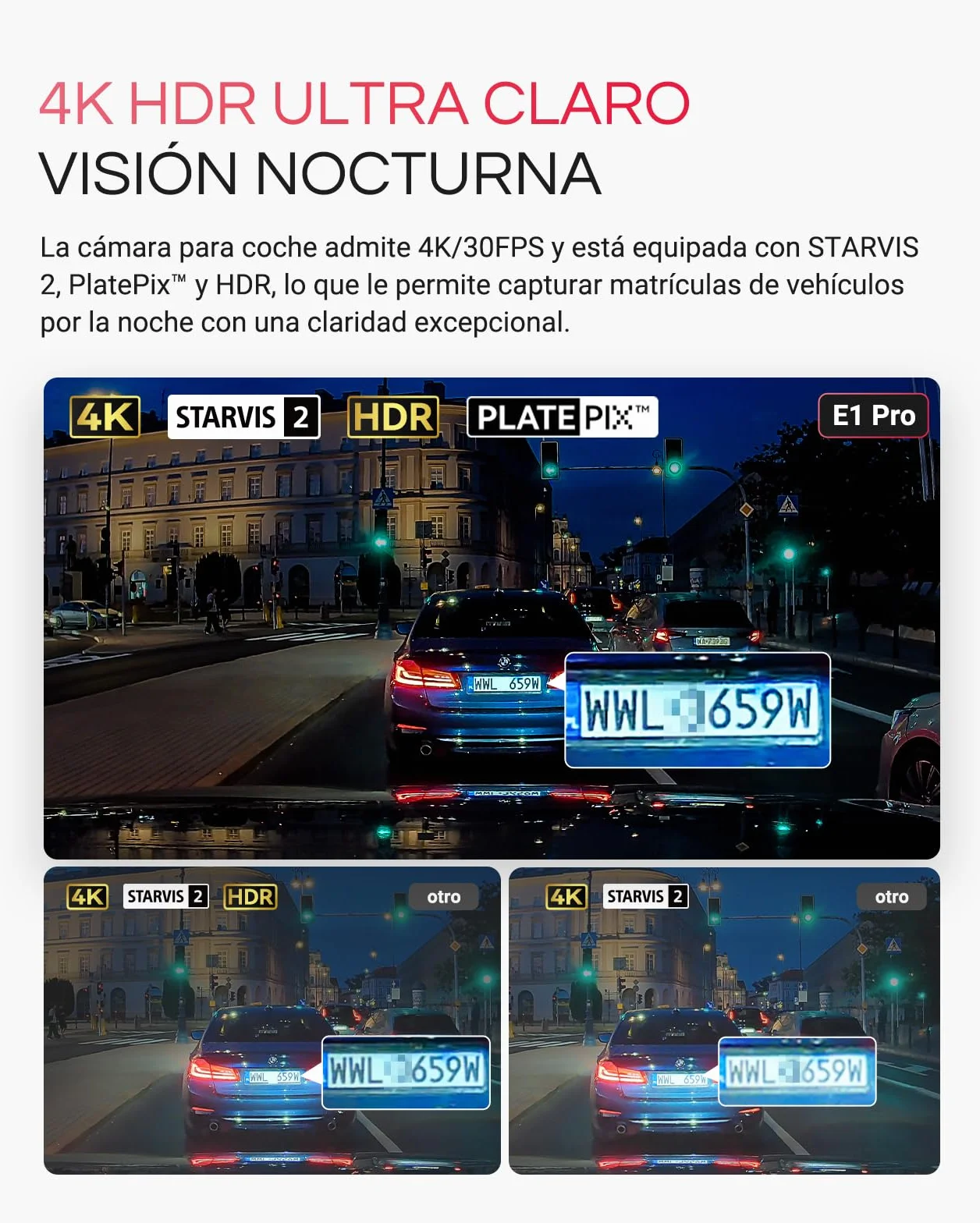 VANTRUE E1 Pro 4K Mini cámara de salpicadero Frontal, STARVIS 2 Plate Pix™ HDR, GPS WiFi 5G Integrado, Control de Voz, Modo de estacionamiento con búfer 24/7, Compatible con 1 TB máx.