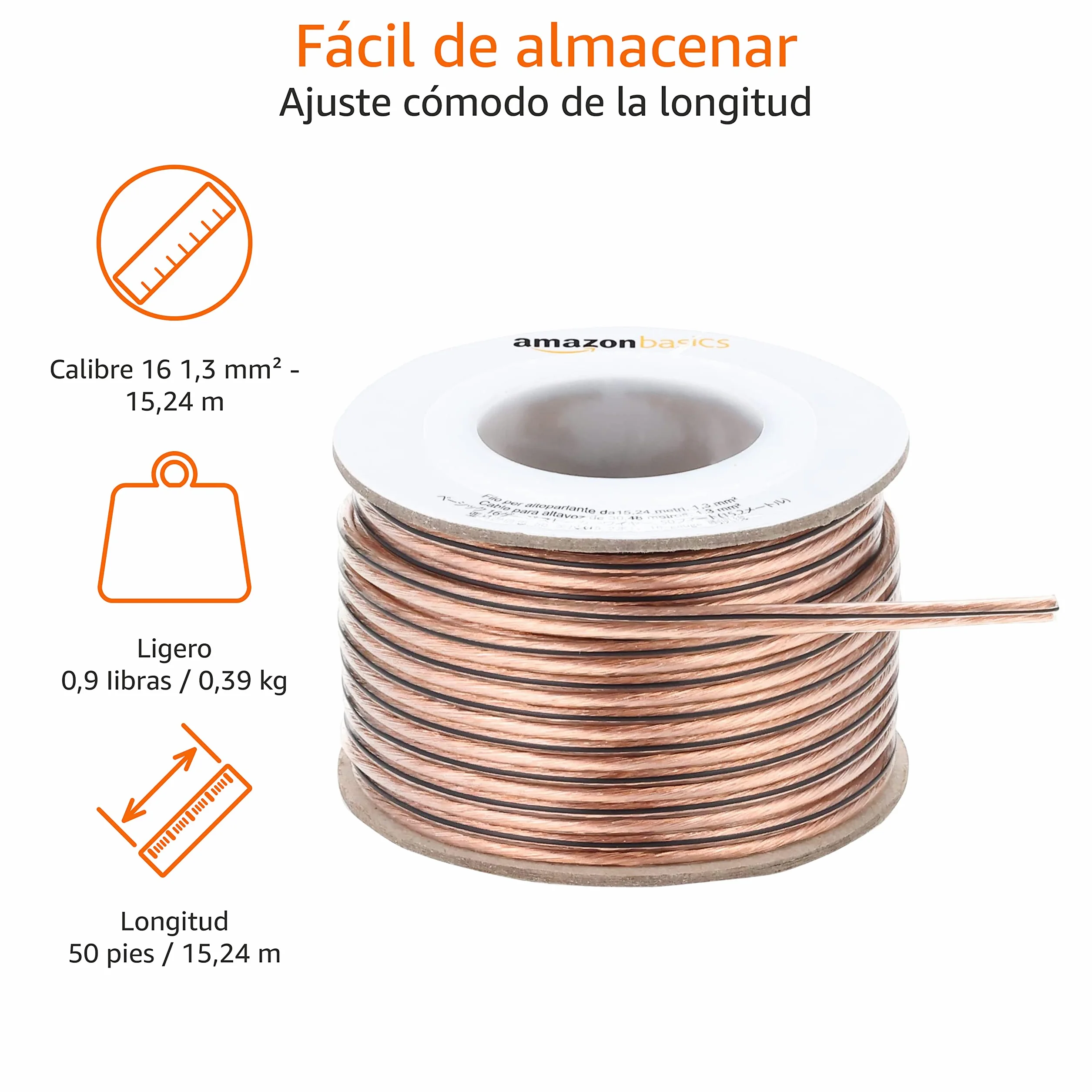 Amazon Basics Cable para altavoz de calibre 16 (50 Feet, 15.24 m, 1.3 mm)