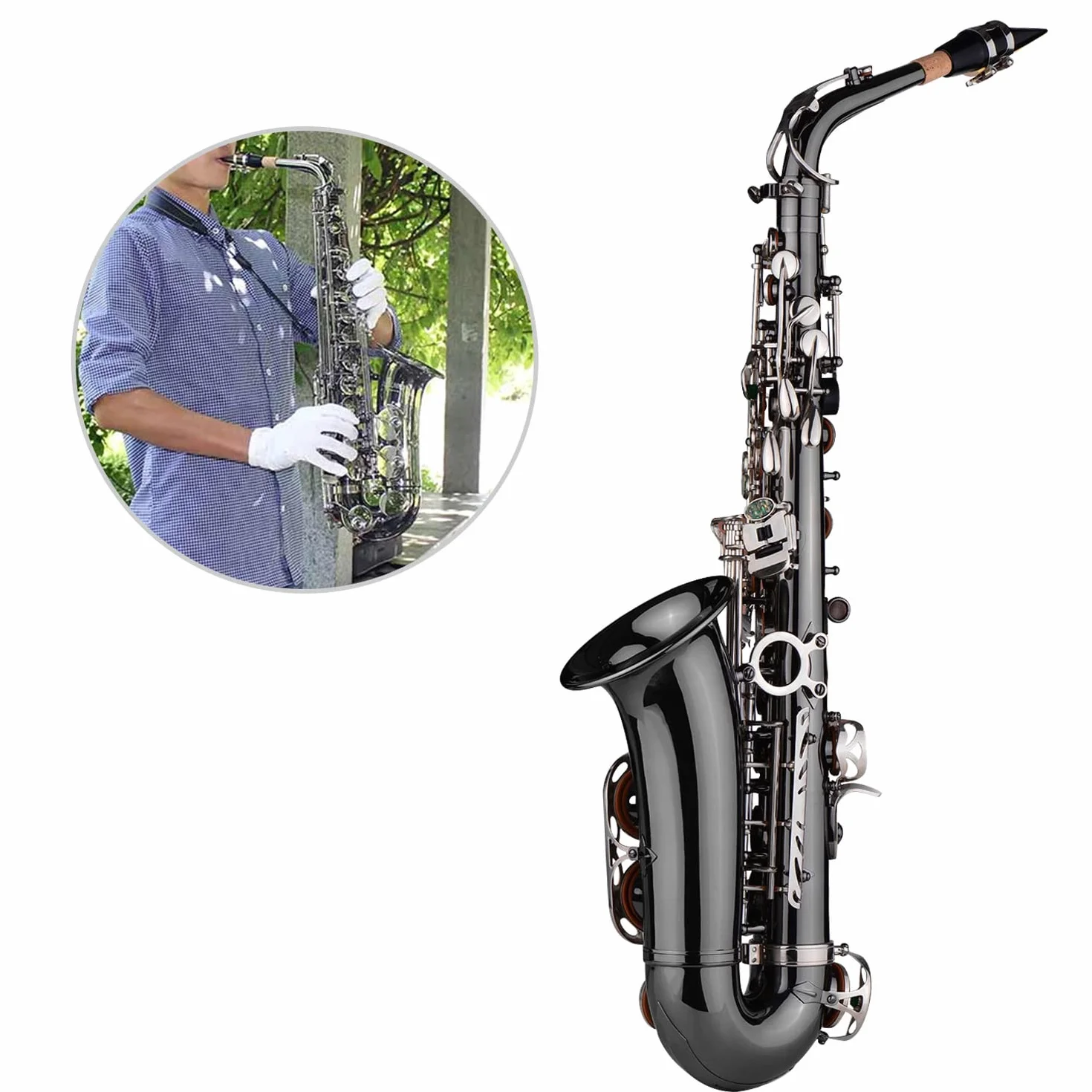 Saxofón alto profesional de latón Bend Eb E-flat Saxofón alto chapado en níquel negro llaves de concha de abulón con funda de transporte guantes paño de limpieza correas cepillo de grasa QUKAN
