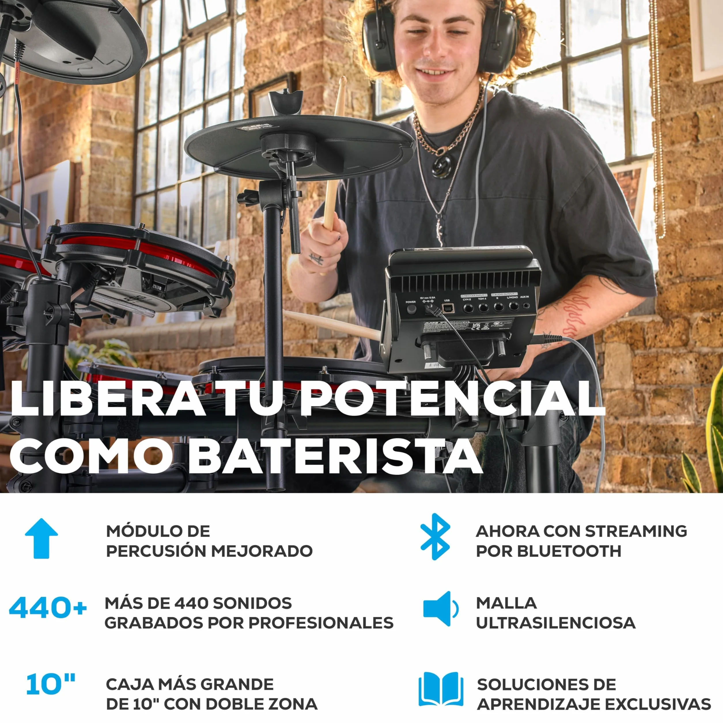 Alesis Nitro Max Kit - Batería Electrónica Compacta con Parches de Malla Silenciosos, Caja de Doble Zona de 10", Bluetooth, +440 Sonidos BFD, Drumeo, USB MIDI, Pedal de Bombo