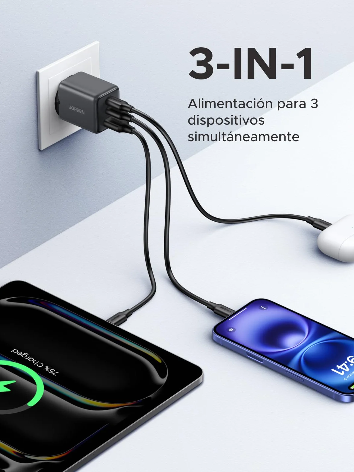 UGREEN Cargador USB C 30W GAN II 3 Puertos Carga Rapida iPhone 17 Pro MAX Air 16 15 14 Galaxy S26 S25 Ultra A57 A76 Pixel 10 9 8 iPad MacBook Air Negro