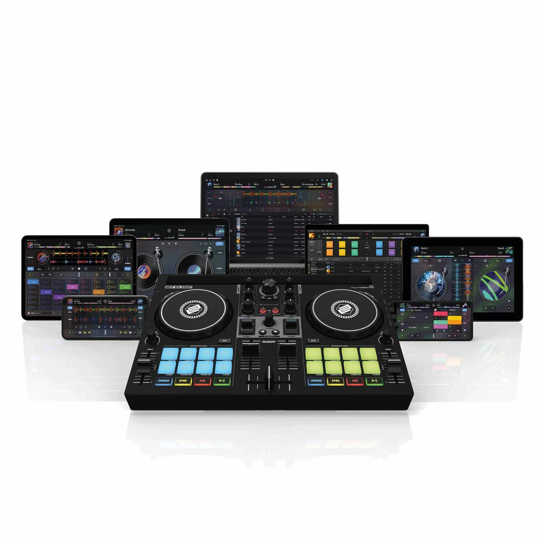 Reloop Buddy - Controlador DJ De 2 Canales Compacto Para Algoriddim Djay Pro En iOS, iPadOS, Android, Mac Y PC Con Pads De Rendimiento RGB, Paletas FX Y Control Neural Mix, Conexión USB, (Negro)
