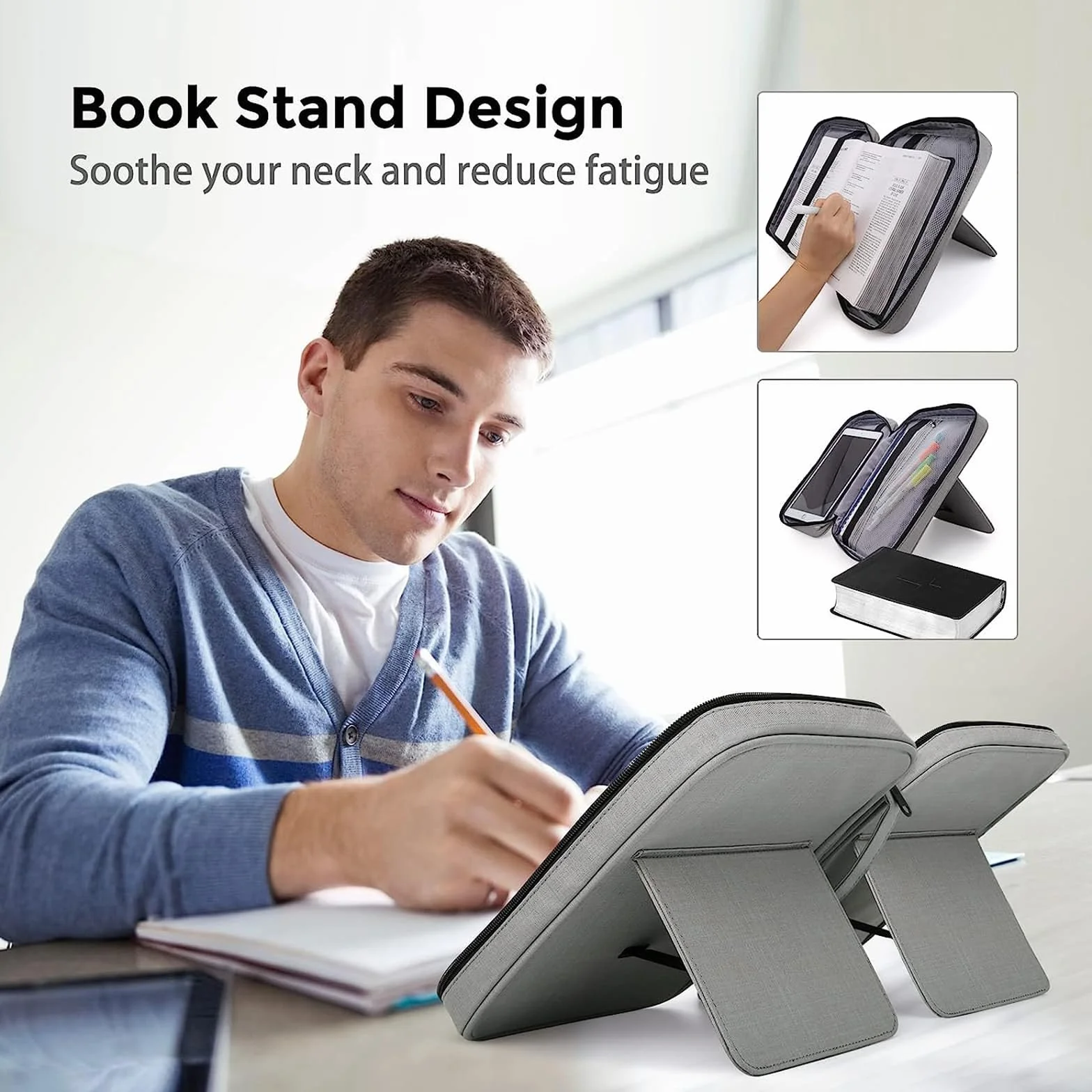 Soporte de almacenamiento con bolsillo ajustable, funda para libro, antideslizante, gris