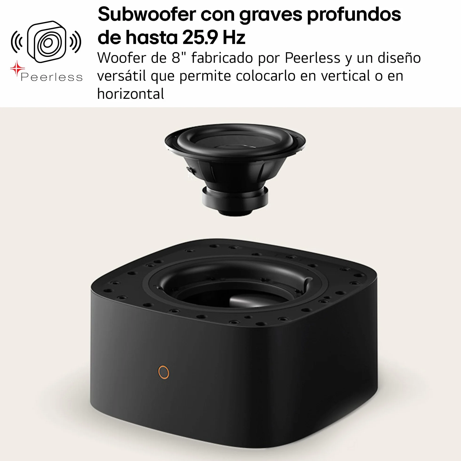 LG Sound Suite - Subwoofer Inalámbrico W7, Graves Profundos con Woofer Peerless 8", Dolby Atmos FlexConnect, Diseño Flexible Vertical/Horizontal, Control App ThinQ, Negro