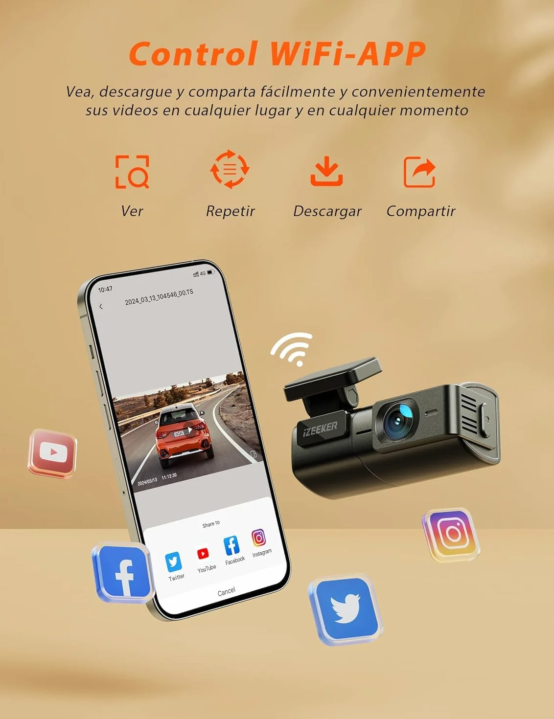 iZEEKER 2.5K Dashcam WiFi Cámara para Coche 1440P Front Dashcam Visión Nocturna WDR G-Sensor Grabación en Bucle Modo Parking 24H