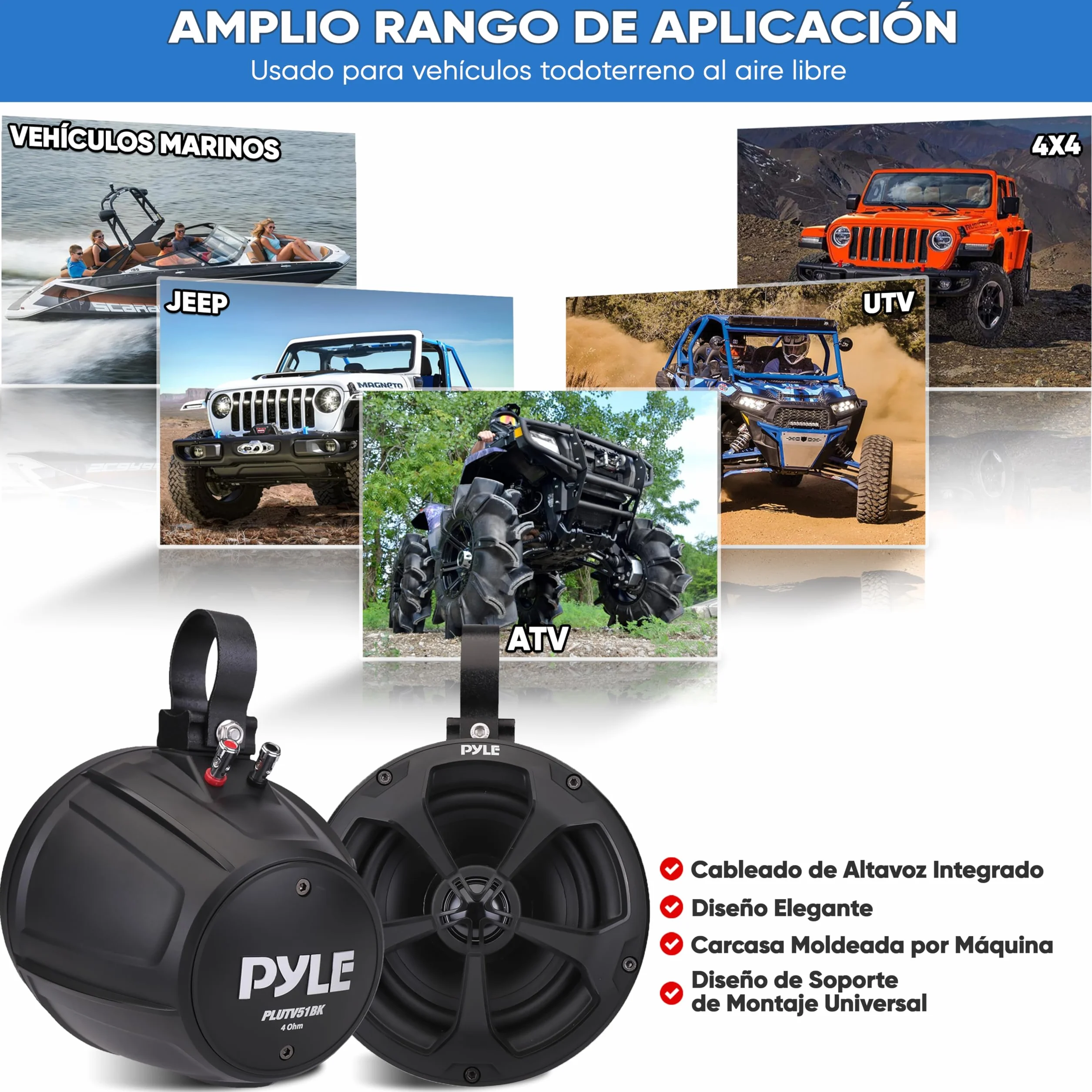Pyle Altavoces Todoterreno, Impermeables, 2 vias, 13cms, Wakeboard Tower de 1000V, Sonido Estereo de Rango Completo para ATV, UTV, Quead, Jeep y Barco