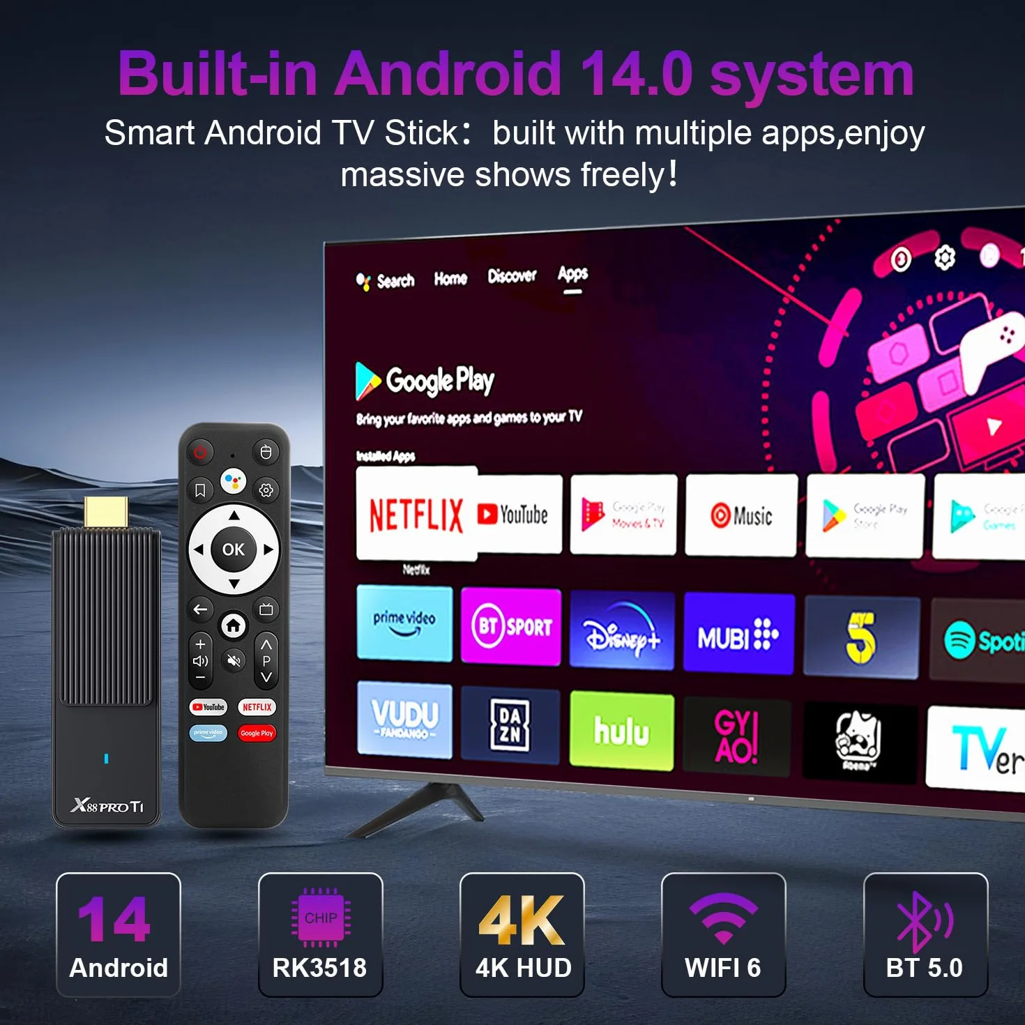 Android 14.0 TV Stick 2GB 16GB RK3518 Quad-Core 64bit Cortex-A53 GPU Mali 450 MP2 WiFi Doble Banda Bluetooth 5.0 HDMI 2.0 4K