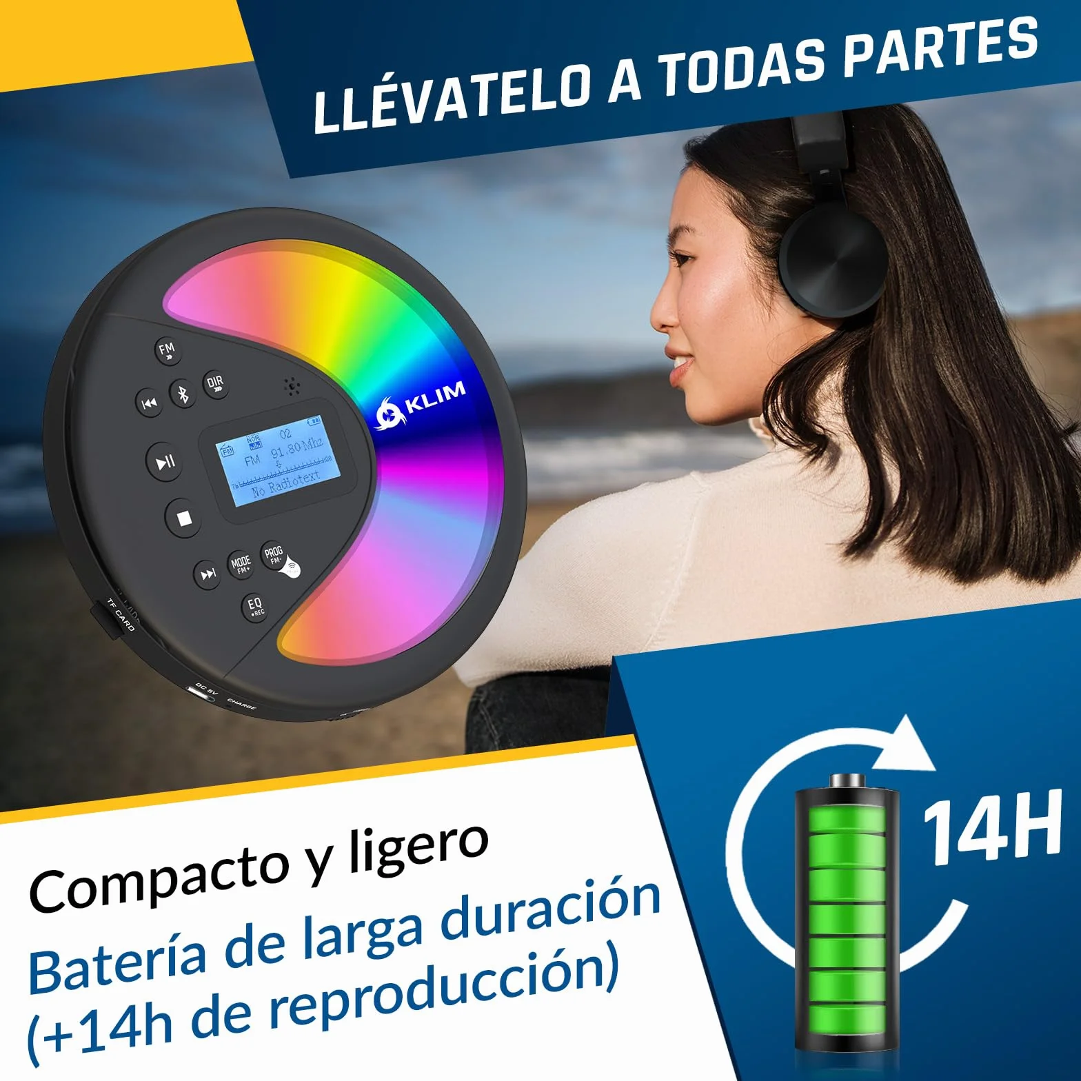 KLIM Discover con Auriculares - Reproductor de CD Portátil - Discman con batería de Larga duración - Radio FM Portátil Compatible MP3, SD Card, Bluetooth - Ideal para Coches