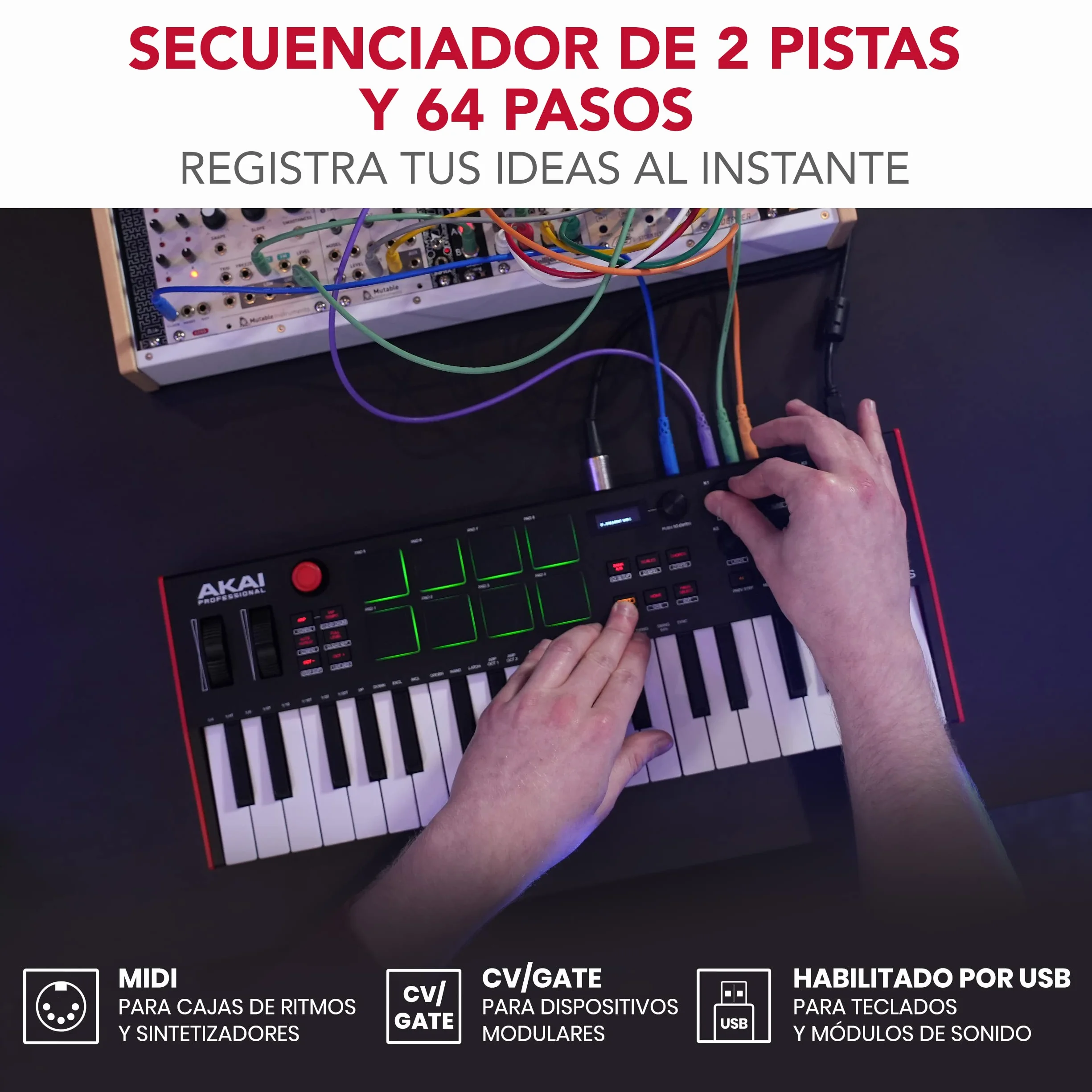 Akai Professional MPK Mini Plus - Teclado Controlador MIDI USB de 37 Mini Teclas con 8 Pads MPC, Secuenciador, MIDI/CV/Gate I/O, Software de Producción y Native Instruments Sound Package