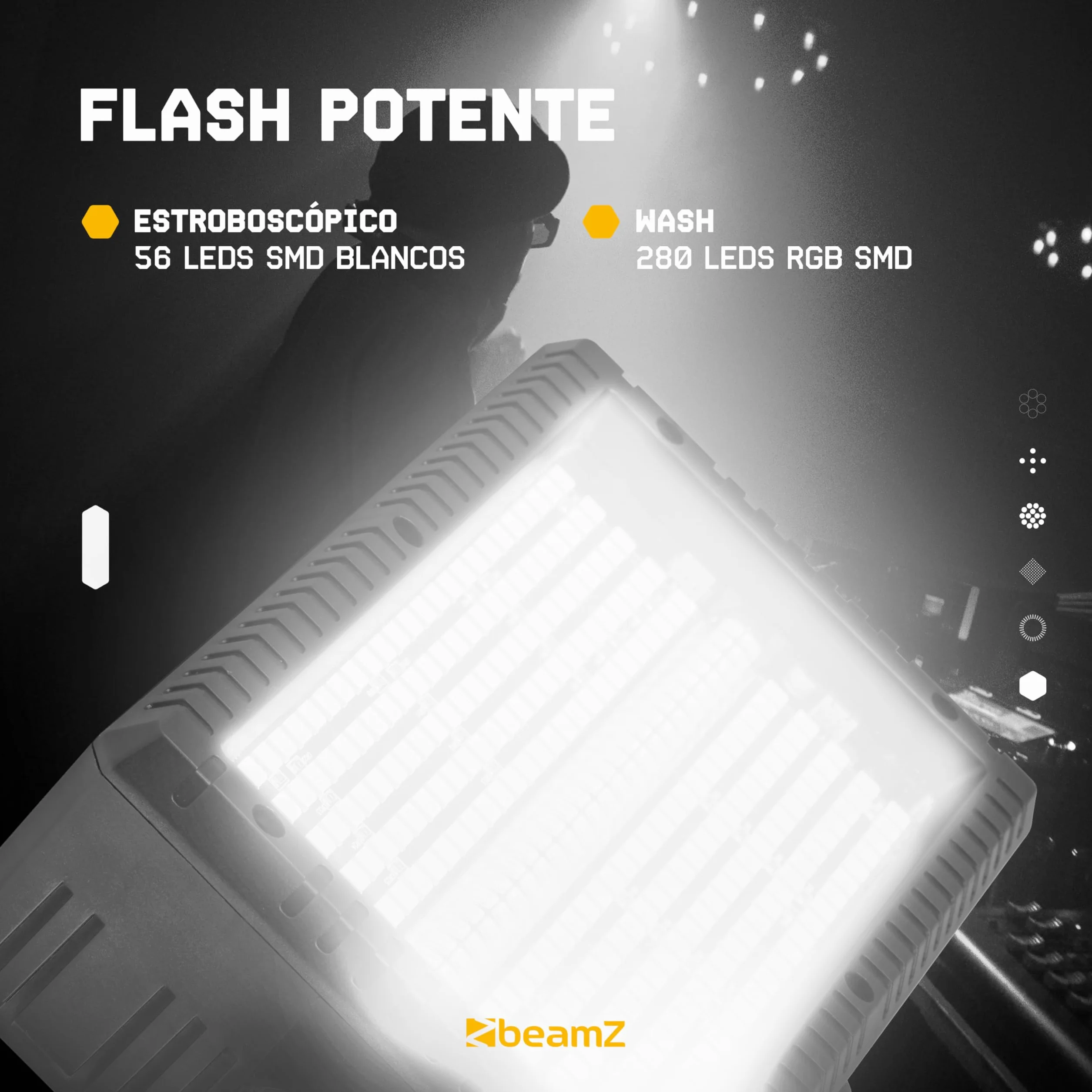 BeamZ BS336 - Combo de Luz Estroboscópica y cegadora LED RGB+Blanco, 336 LEDs RGB + 56 Blancos, DMX512 4/6/12/24/30 Canales, Modo Autónomo, Maestro/Esclavo, Automático, Mando a Distancia
