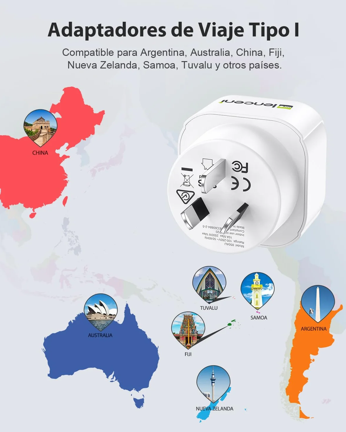 LENCENT 2 Piezas Adaptador Enchufe AU Tipo I de España a Australia, Adaptador 2-Pin Europeo a 3-Pin China para Australia, Argentina, Nueva Zelanda, Fiji