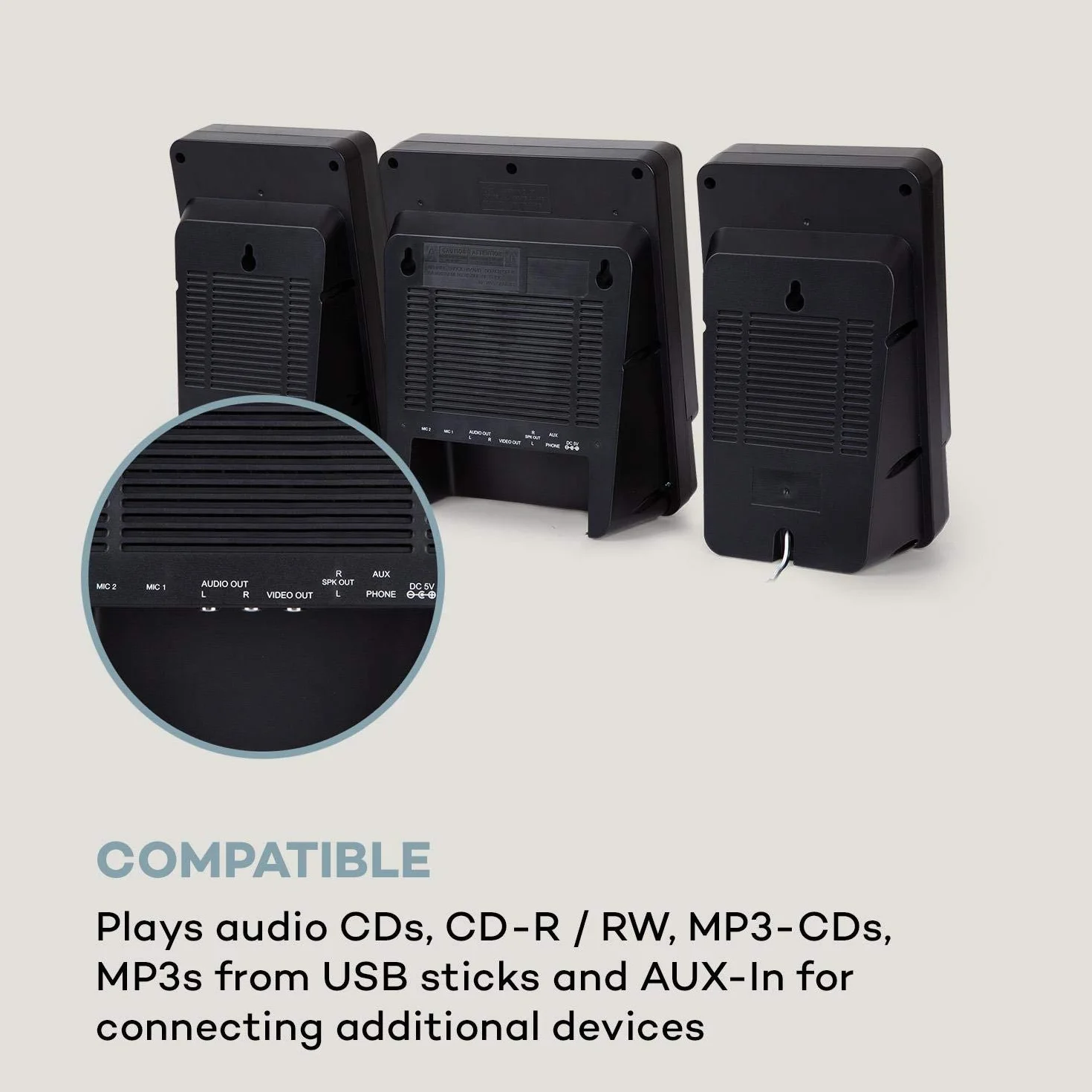auna Microstar – Minicadena de música Vertical, Reproductor de CD, Bluetooth, Altavoces estéreo, USB, Pantalla LCD, iluminación LED, Vertical o en Pared, Entrada AUX/Salida de vídeo, Plateado