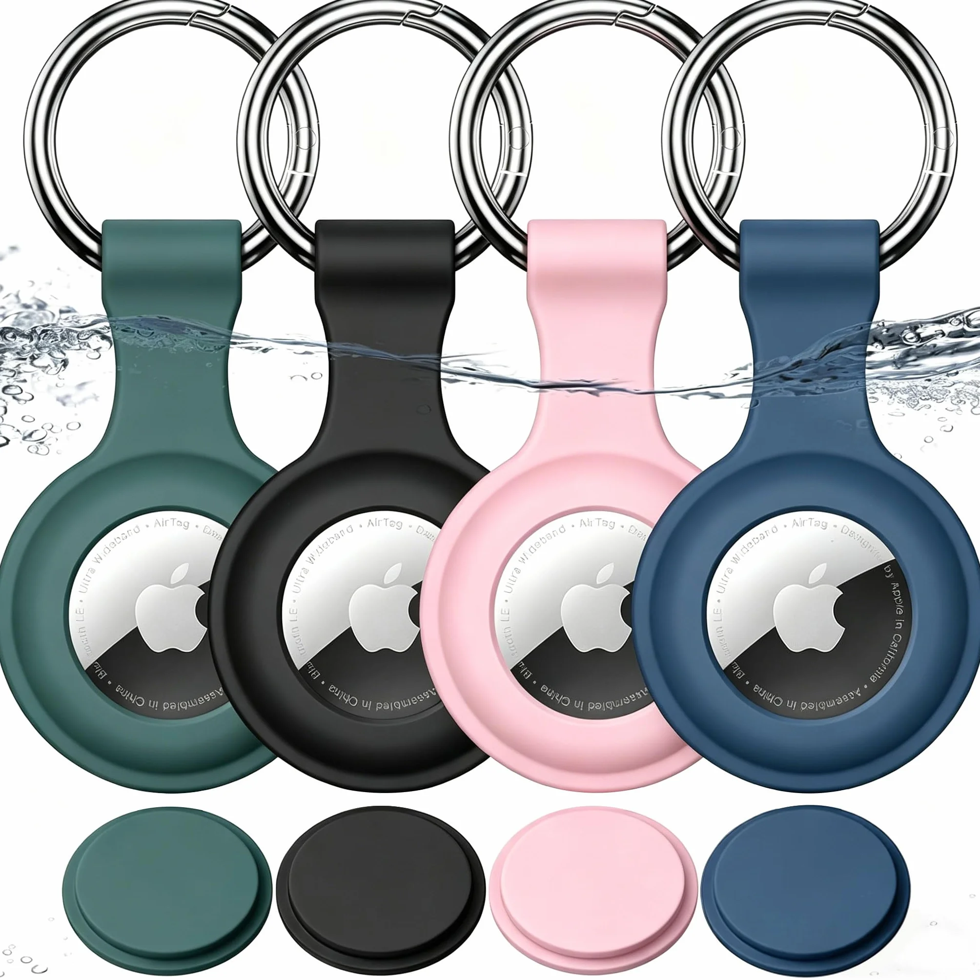 Impermeable para Apple AirTag Funda, de Silicona Llaveros para AirTag 1ª y 2ª Gen, para Llaves/Maletas/Pet Collares/Niños, 4 Pack (Rosa + Verde + Azul Marino + Negro)