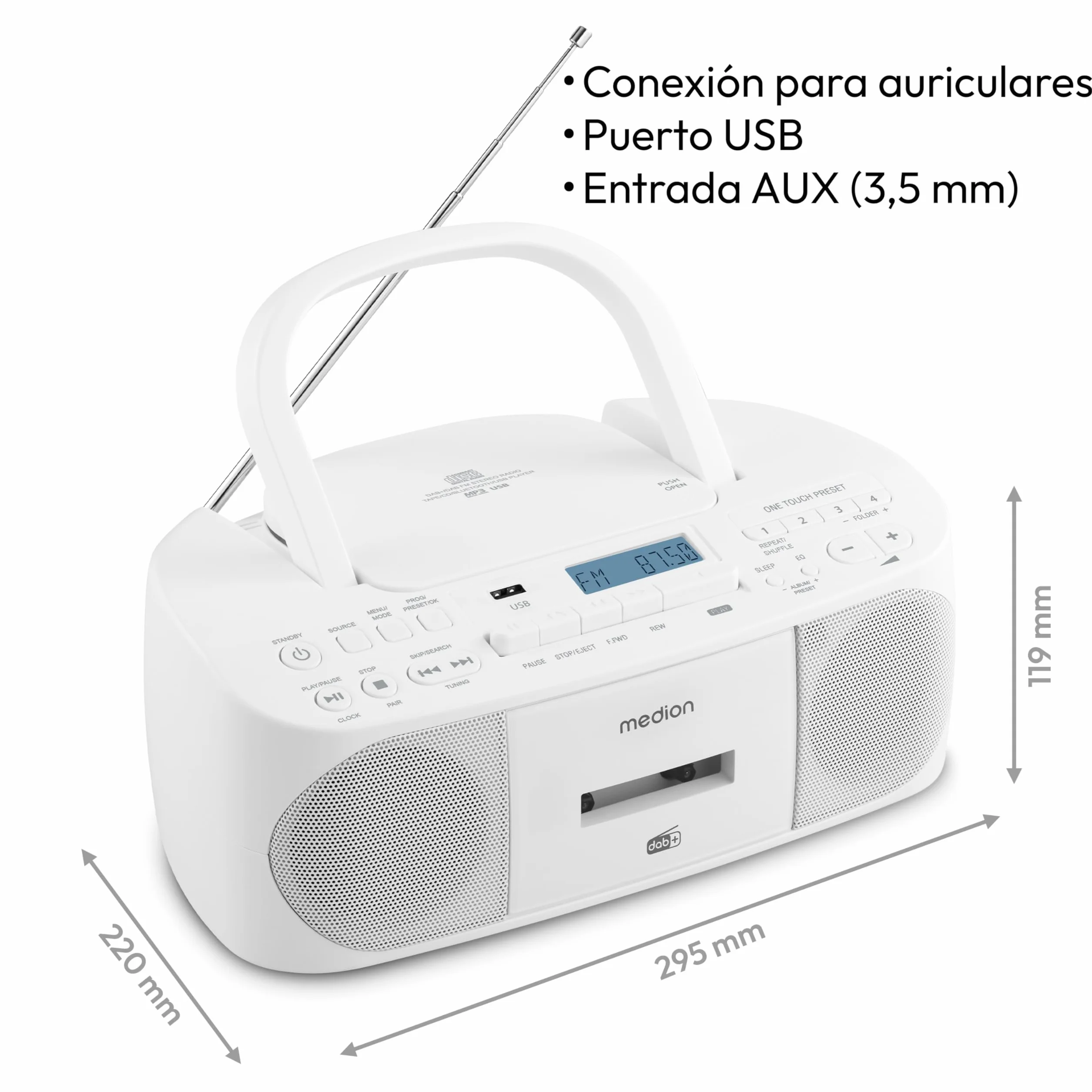 MEDION DRX-1 Plus Boombox Radio Portátil DAB+ FM Bluetooth CD MP3 Casete Blanco