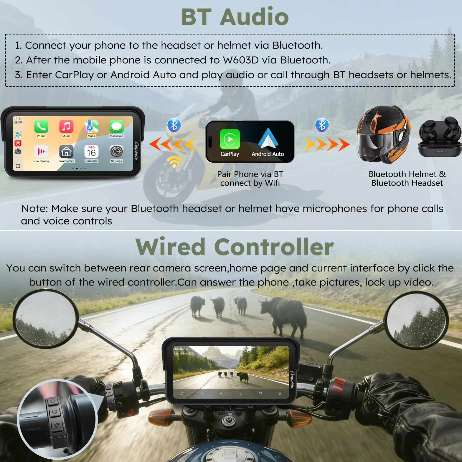 Carpuride Pantalla GPS de motocicleta CarPlay de 6.3 pulgadas sin cables CarPlay y Android Auto para Moto, con cámara doble y TPMS, control remoto, impermeable IP67, BT Audio, grabación en bucle