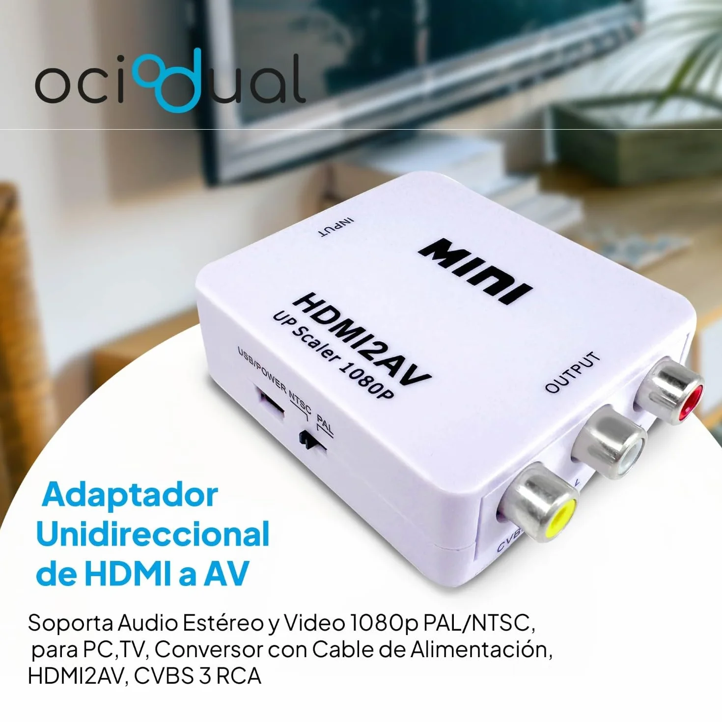 OcioDual Adaptador HDMI a RCA, Adaptador HDMI a AV, Convertidor HDMI a RCA, Conexión Audio Estéreo y Video 1080p PAL/NTSC para PC, TV, PS1, PS2, N64, HDMI2AV, Blanco