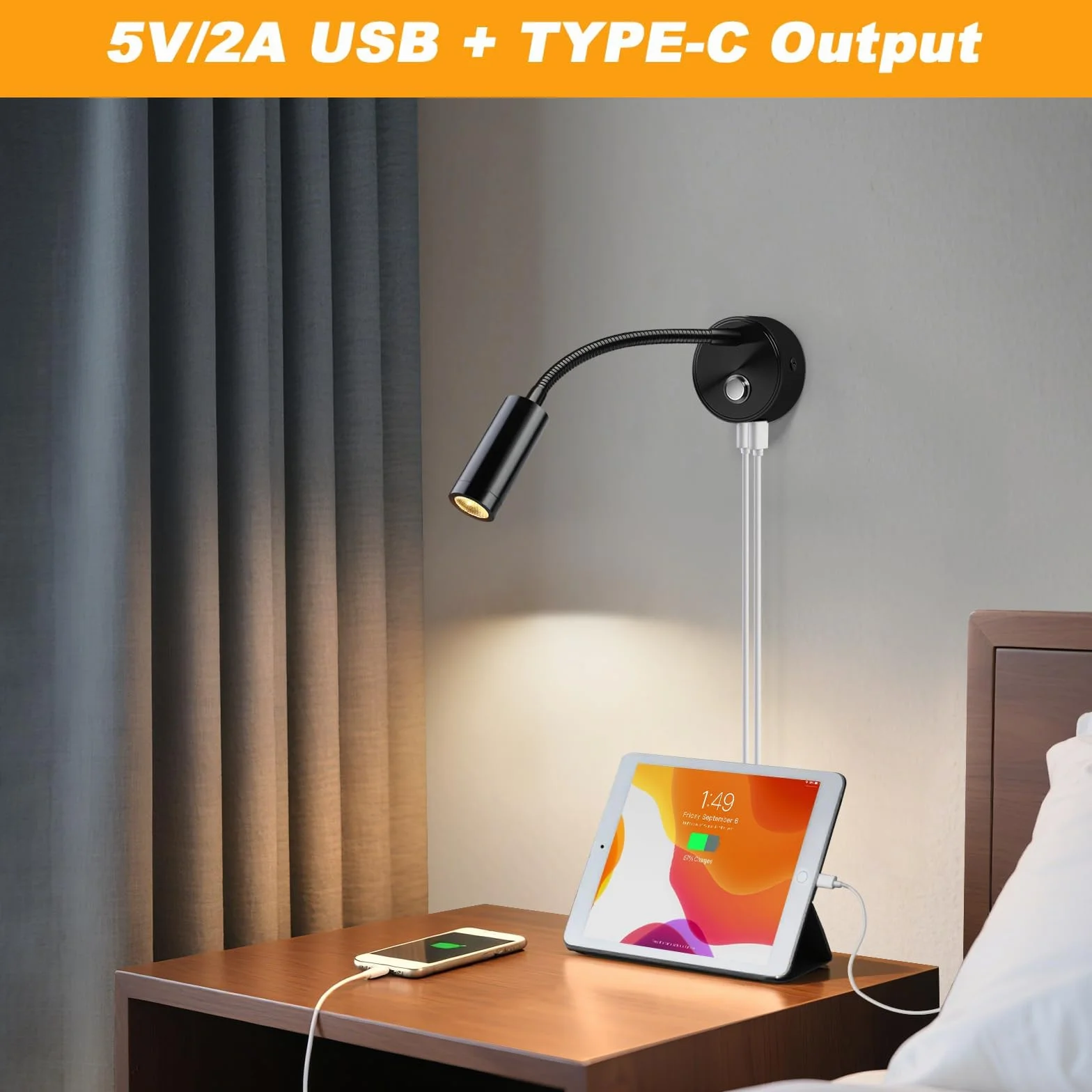 ERWEY 2pcs LED Lámpara de Lectura 12V Autocaravana, Táctil Regulable 3000K-6000K Brillo Ajustable, 360 ° Flexible Cuello de Cisne Luz de Cama Conectores USB A + C Barco Iluminación Interior, Negro
